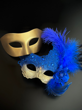 Blue gold couples masquerade mask set featuring lace, gem, feather accents on the women&