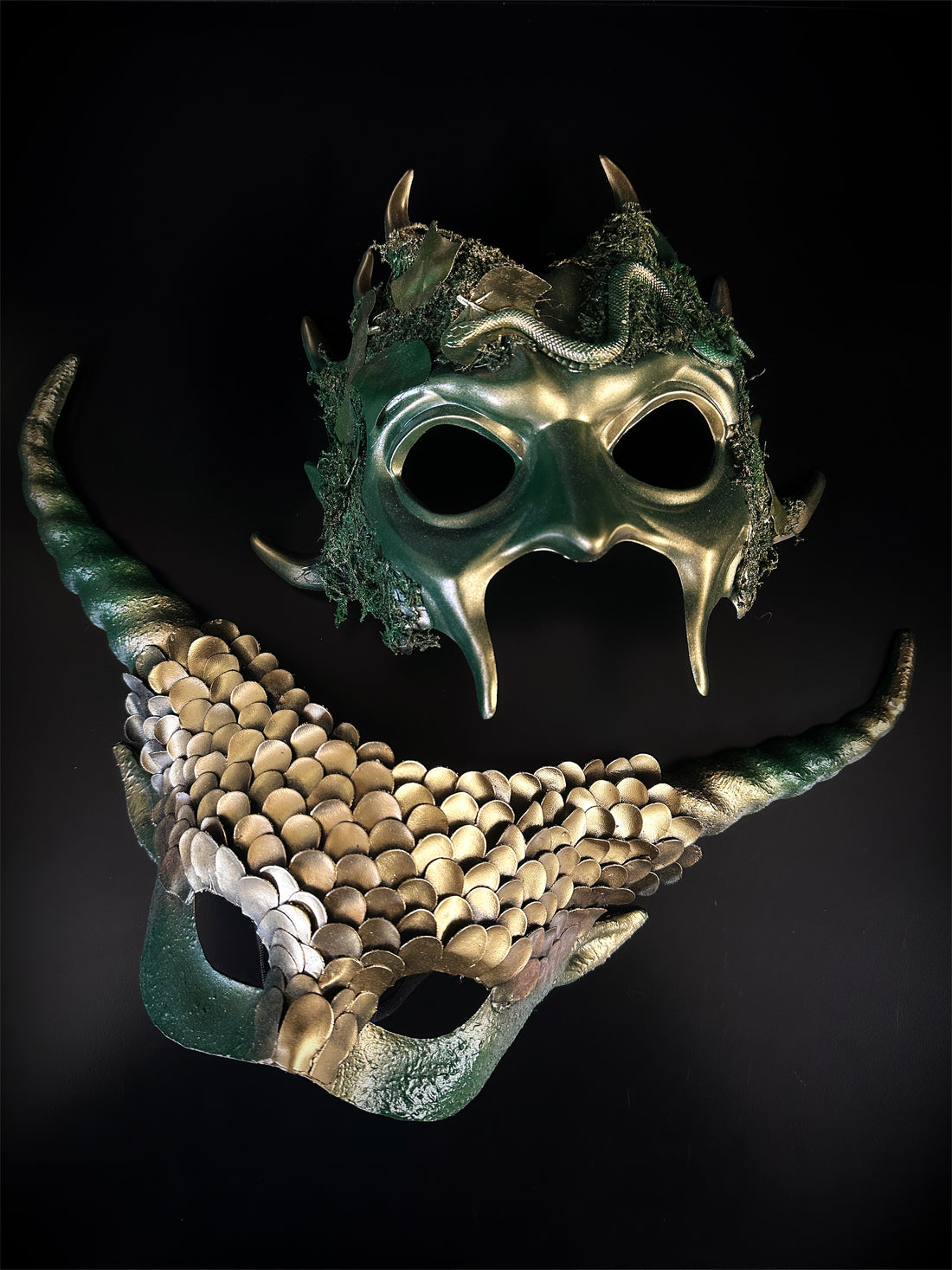 Dragon horned mask in green and gold with scales, part of the Fantasy Collection