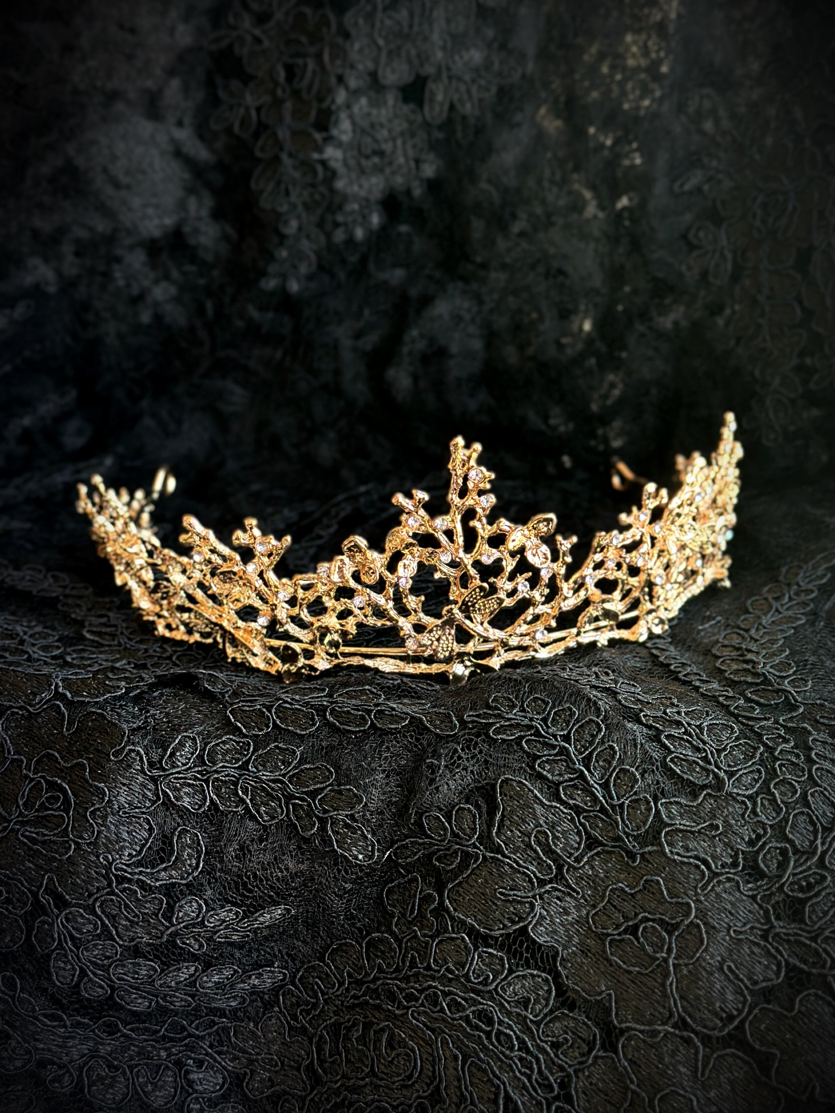 Gold crown with dragonfly and vine detailing, designed for fantasy weddings, pageants, or royal-inspired looks.