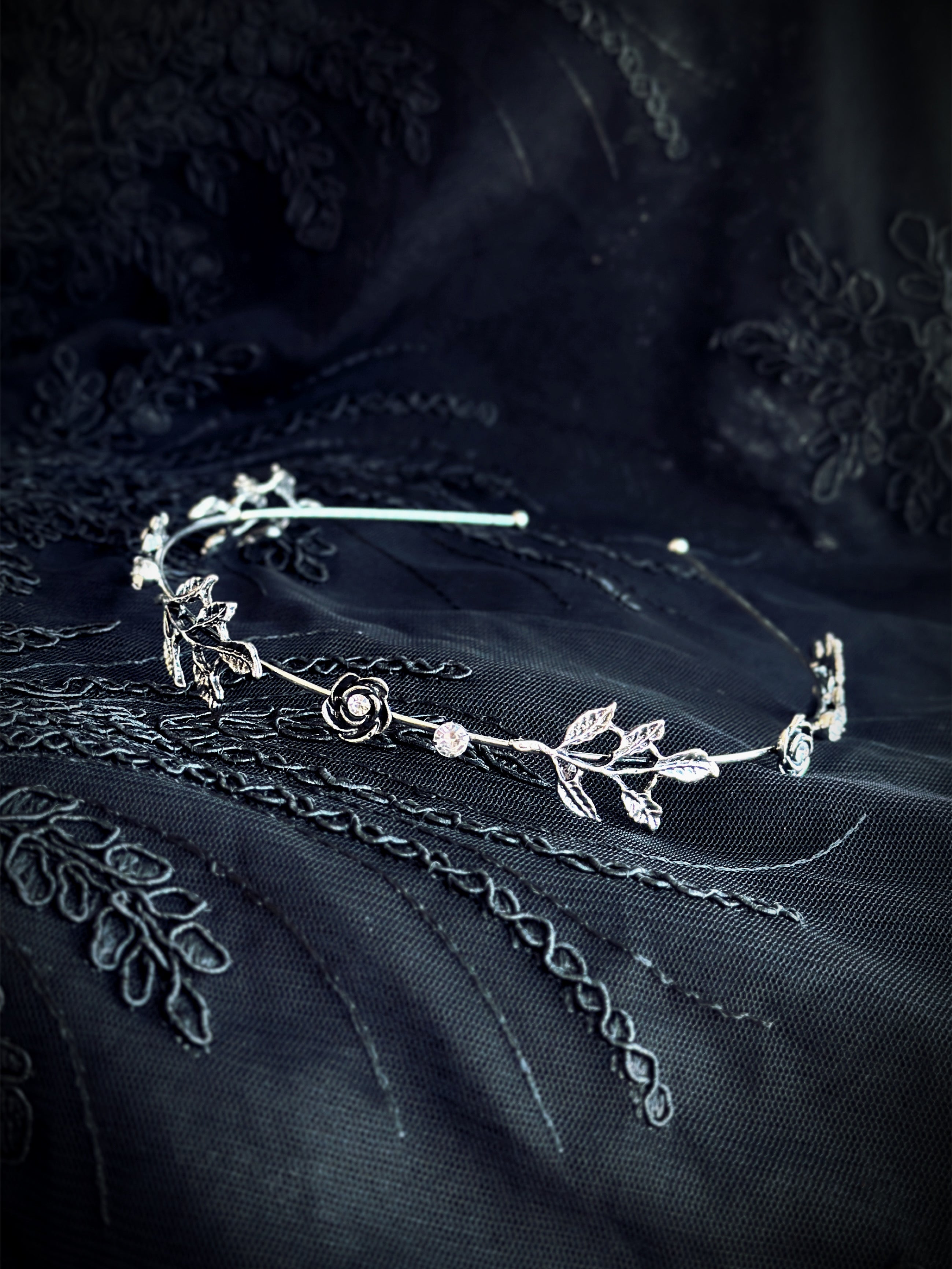 Silver floral leaf headband with crystal accents