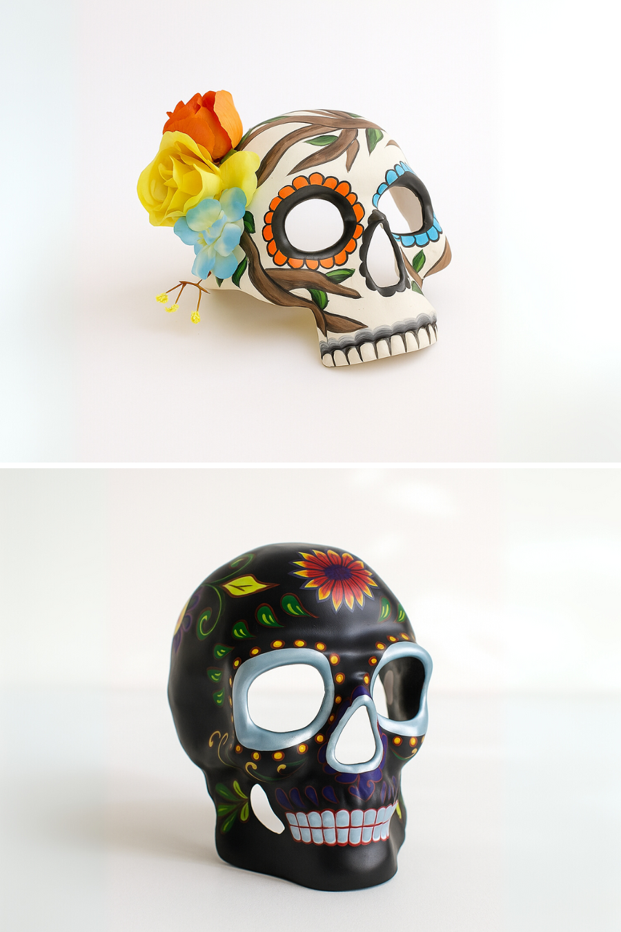 Día de los Muertos couples mask set with flowers and black sugar skull.
