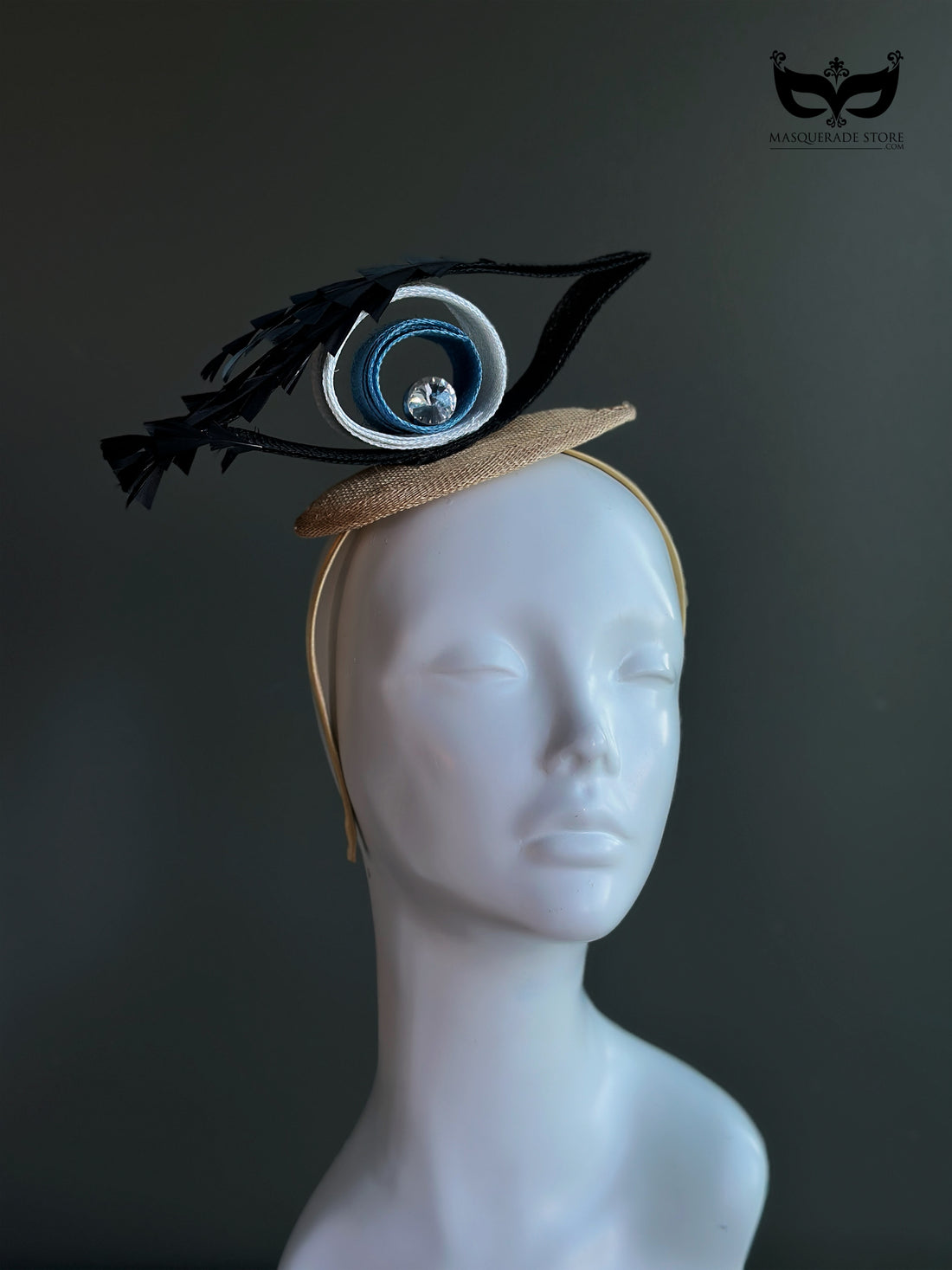 Evil eye crystal fascinator mini top hat with sculpted ribbon loops and gemstone center