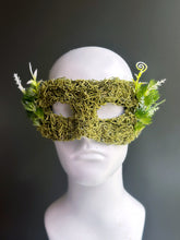 Forest elf masquerade mask in green with moss and greenery accents