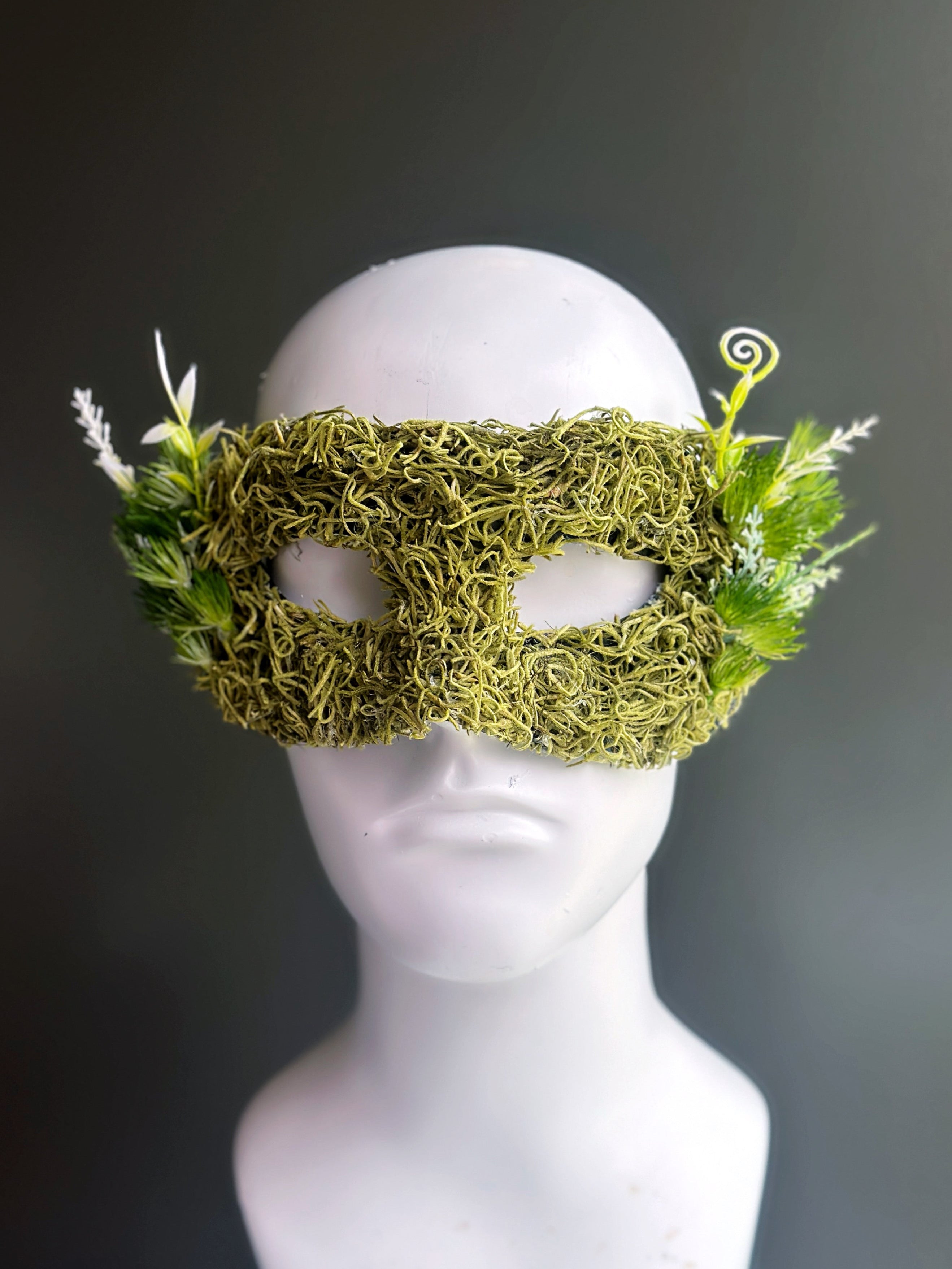 Forest elf masquerade mask in green with moss and greenery accents