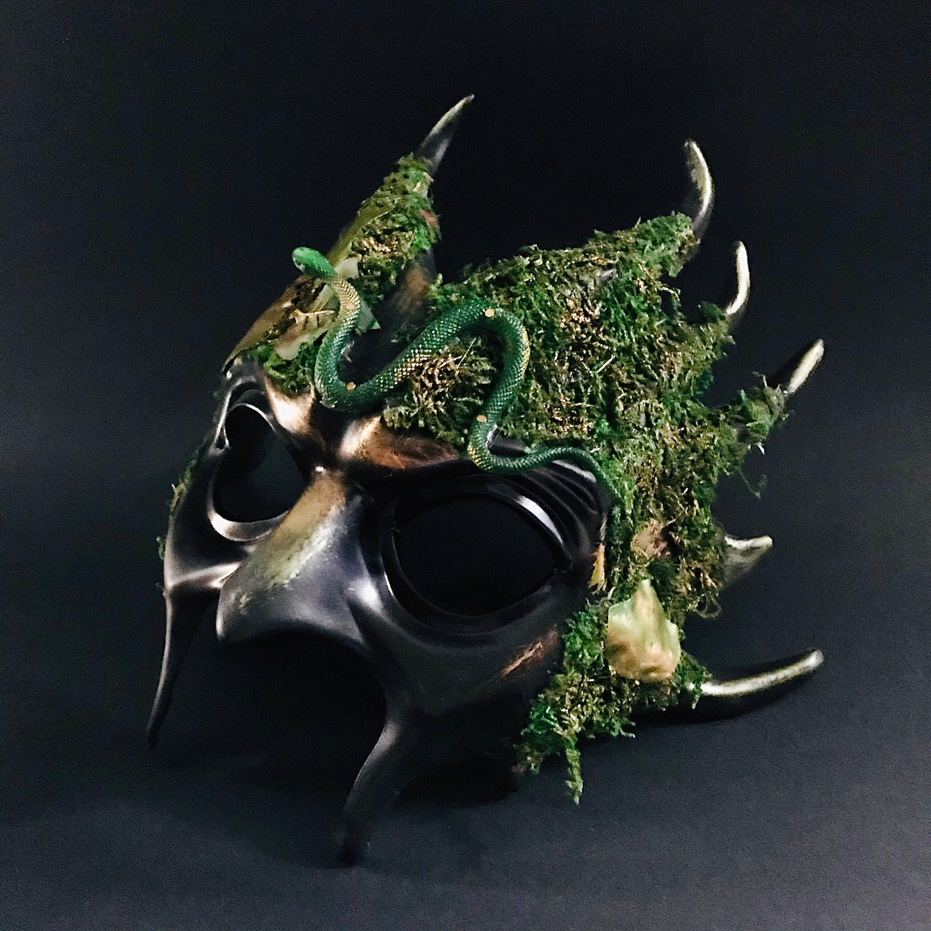 Forest Emerald Ent masquerade mask with moss and vine details