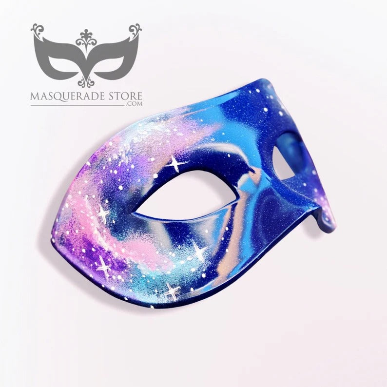 Nebula galaxy masquerade mask painted in blue, purple, and pink with starry cosmic details for masquerade, festivals, or cosplay.