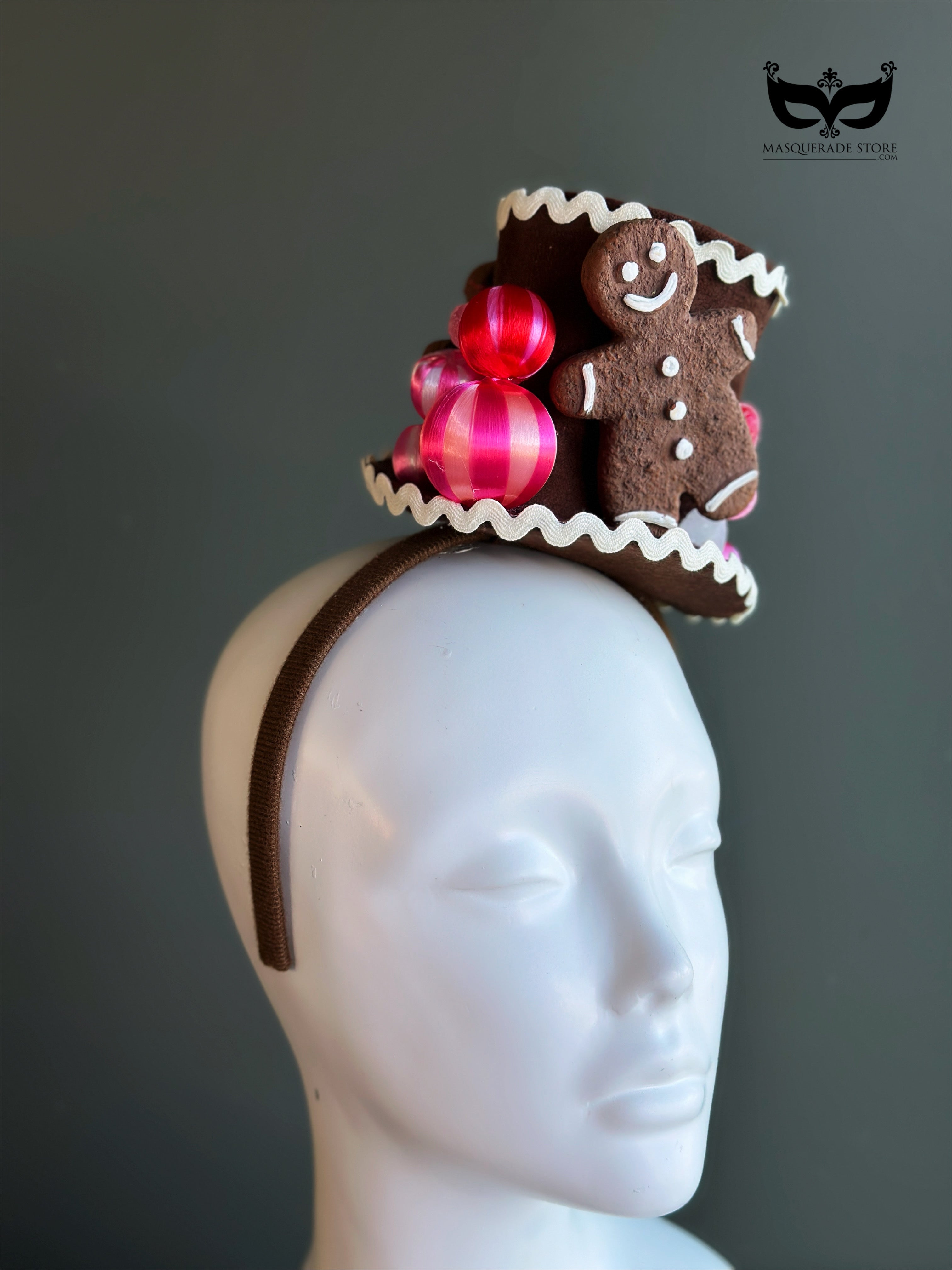 Gingerbread cookie Christmas mini top hat fascinator with festive ornaments on headband
