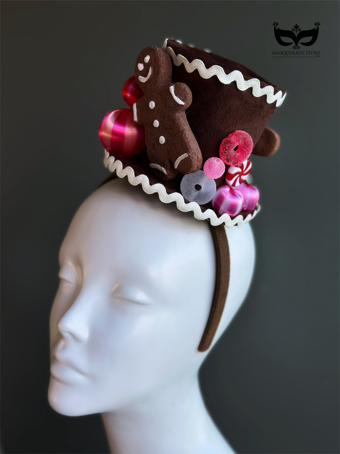 Gingerbread cookie Christmas mini top hat fascinator with festive ornaments on headband
