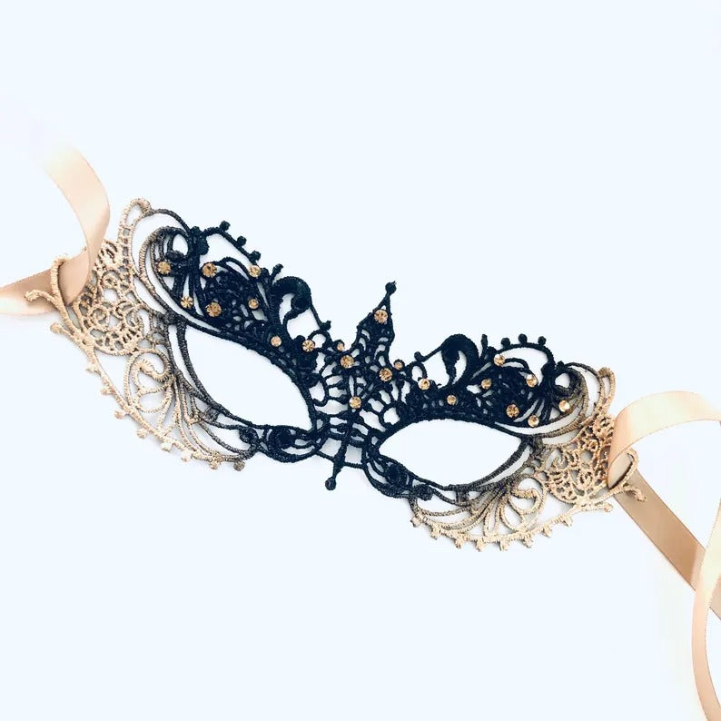 Elegant gold and black lace masquerade mask with rhinestones, Venetian-inspired lace eye mask for women, perfect for weddings, masquerade balls, prom, and Halloween parties.