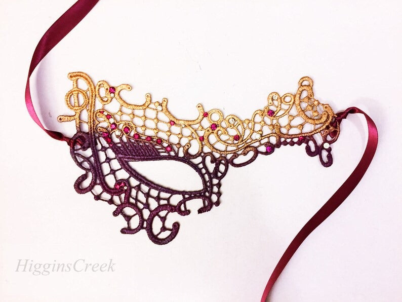 Gold and burgundy lace masquerade mask with rhinestones, elegant Venetian eye mask for women, perfect for masquerade balls, parties, and Halloween costumes.