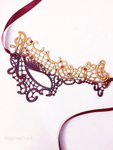 Gold and burgundy lace masquerade mask with rhinestones, elegant Venetian eye mask for women, perfect for masquerade balls, parties, and Halloween costumes.