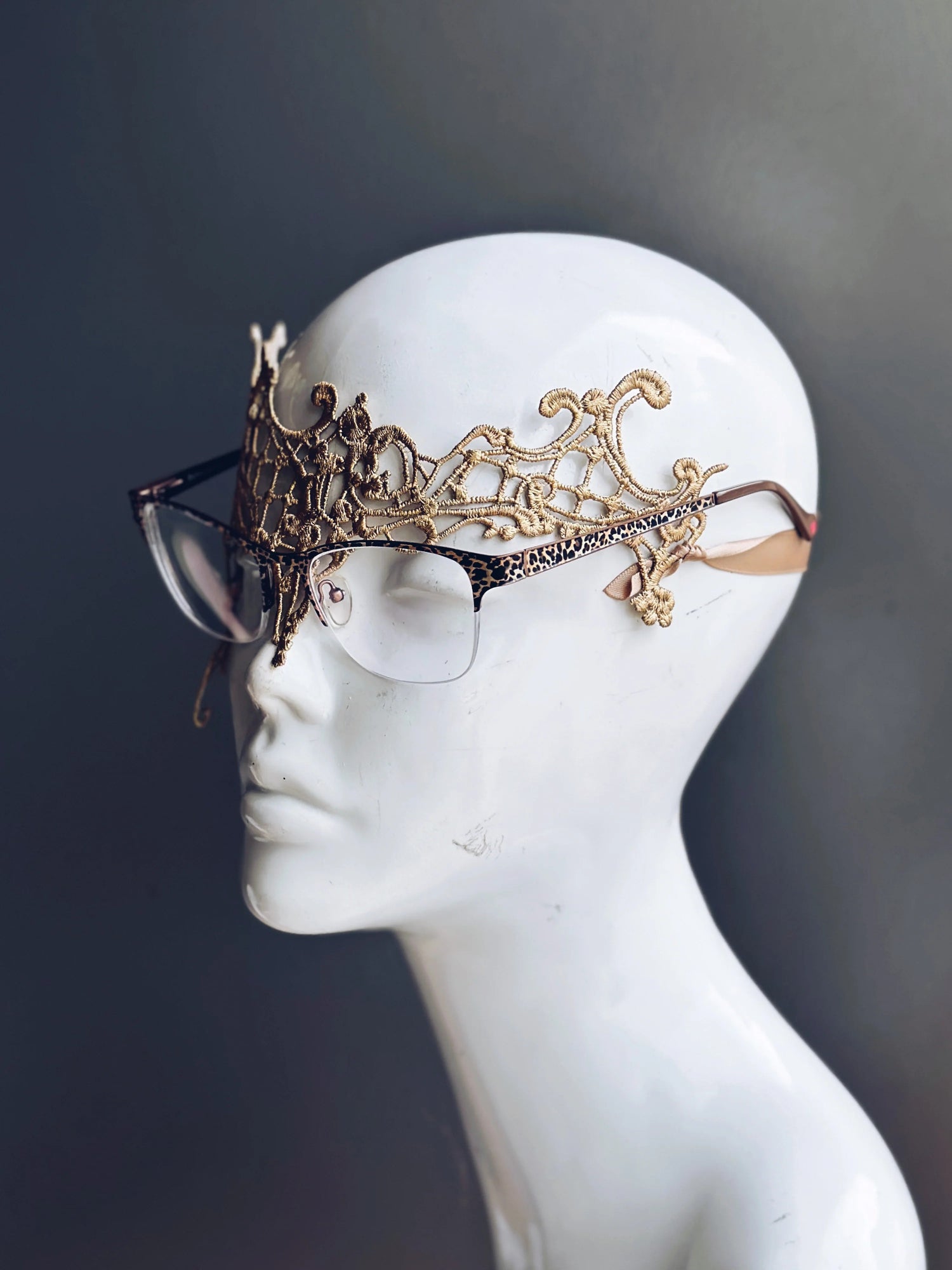 Gold lace masquerade mask designed for eyeglass wearers, elegant Venetian style mask for women’s proms, parties, and masquerade events.