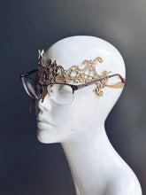 Gold lace masquerade mask designed for eyeglass wearers, elegant Venetian style mask for women’s proms, parties, and masquerade events.