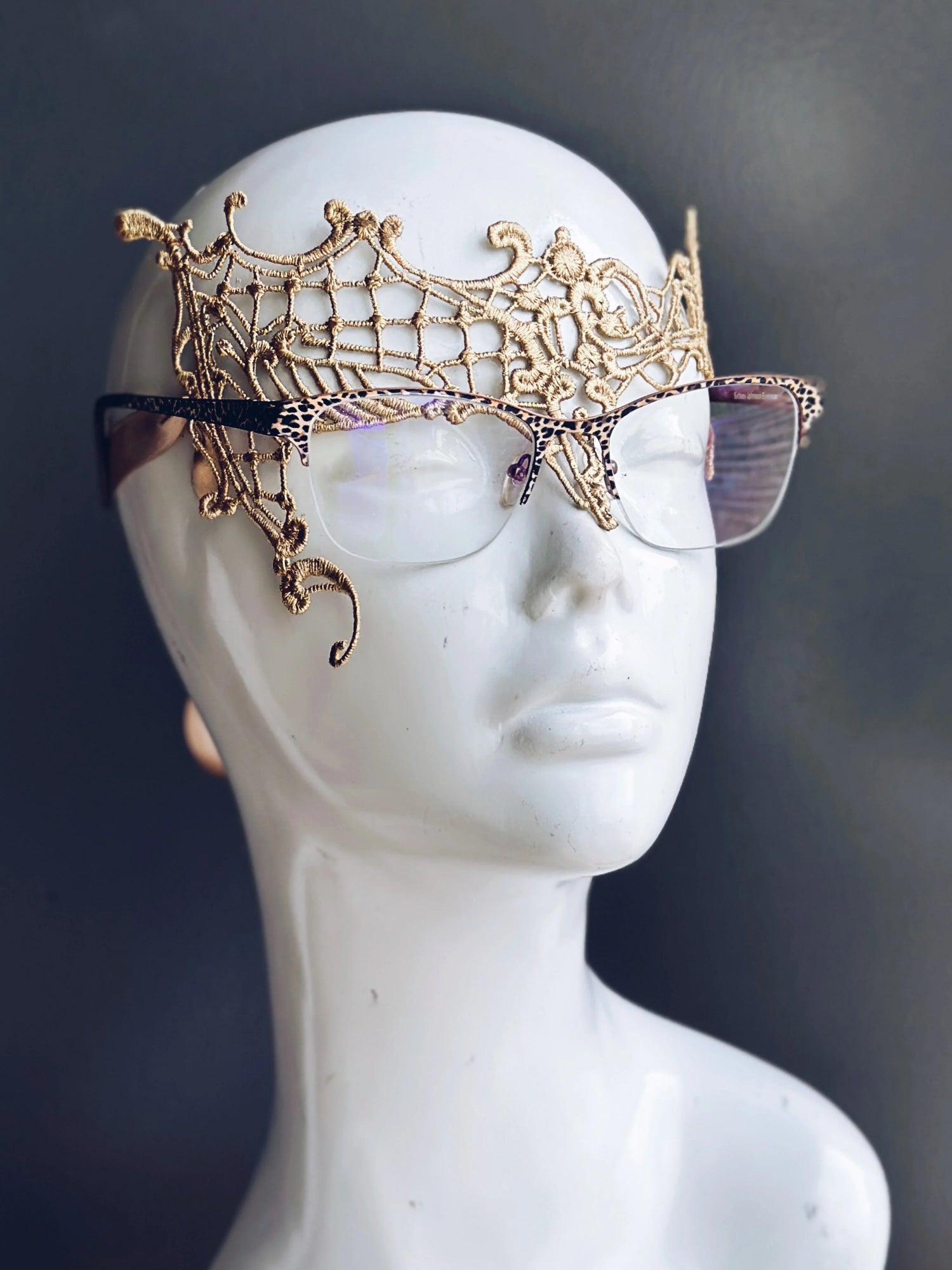 Gold lace masquerade mask designed for eyeglass wearers, elegant Venetian style mask for women’s proms, parties, and masquerade events.