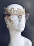 Gold lace masquerade mask designed for eyeglass wearers, elegant Venetian style mask for women’s proms, parties, and masquerade events.