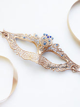 Elegant gold lace masquerade mask with sparkling blue rhinestones, Venetian-style lace eye mask for women, ideal for weddings, Halloween, prom, and masquerade parties.