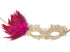 Elegant gold lace mask with pink feathers and jewel accent, perfect for weddings, proms, and masquerade balls.