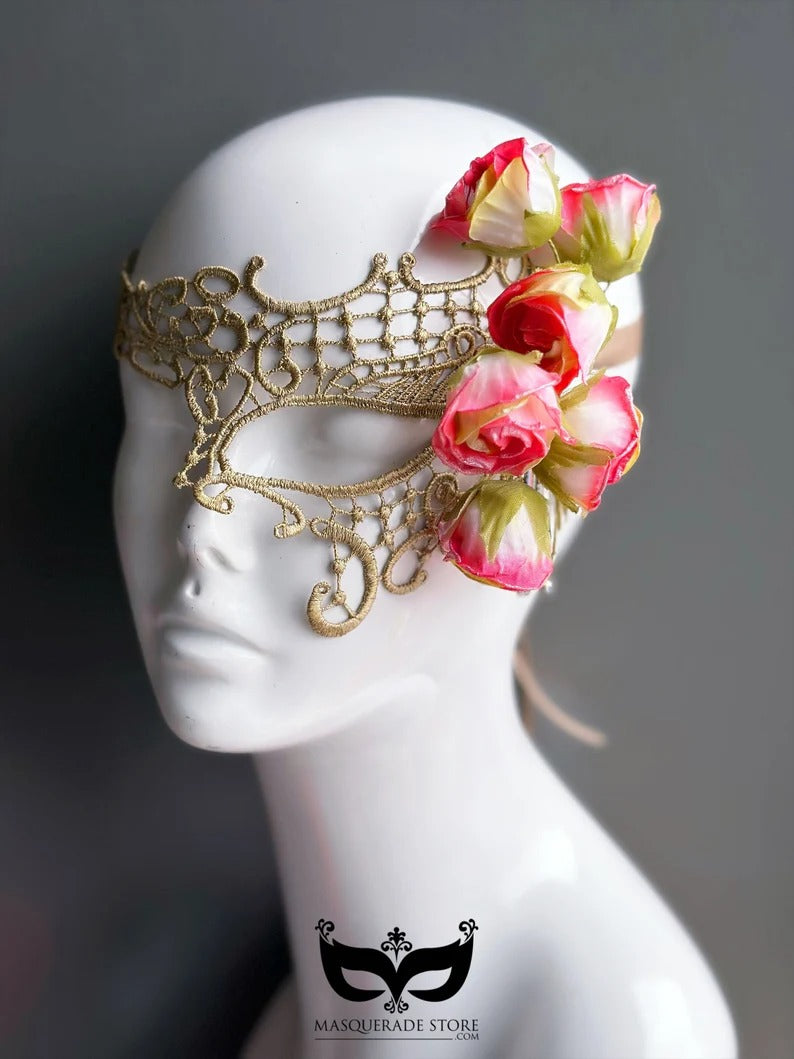 Gold lace masquerade mask with pink roses, romantic floral Venetian style mask for women’s proms, weddings, and masquerade parties.