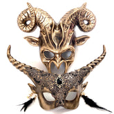 Fantasy gold horn masquerade mask set for men and women.