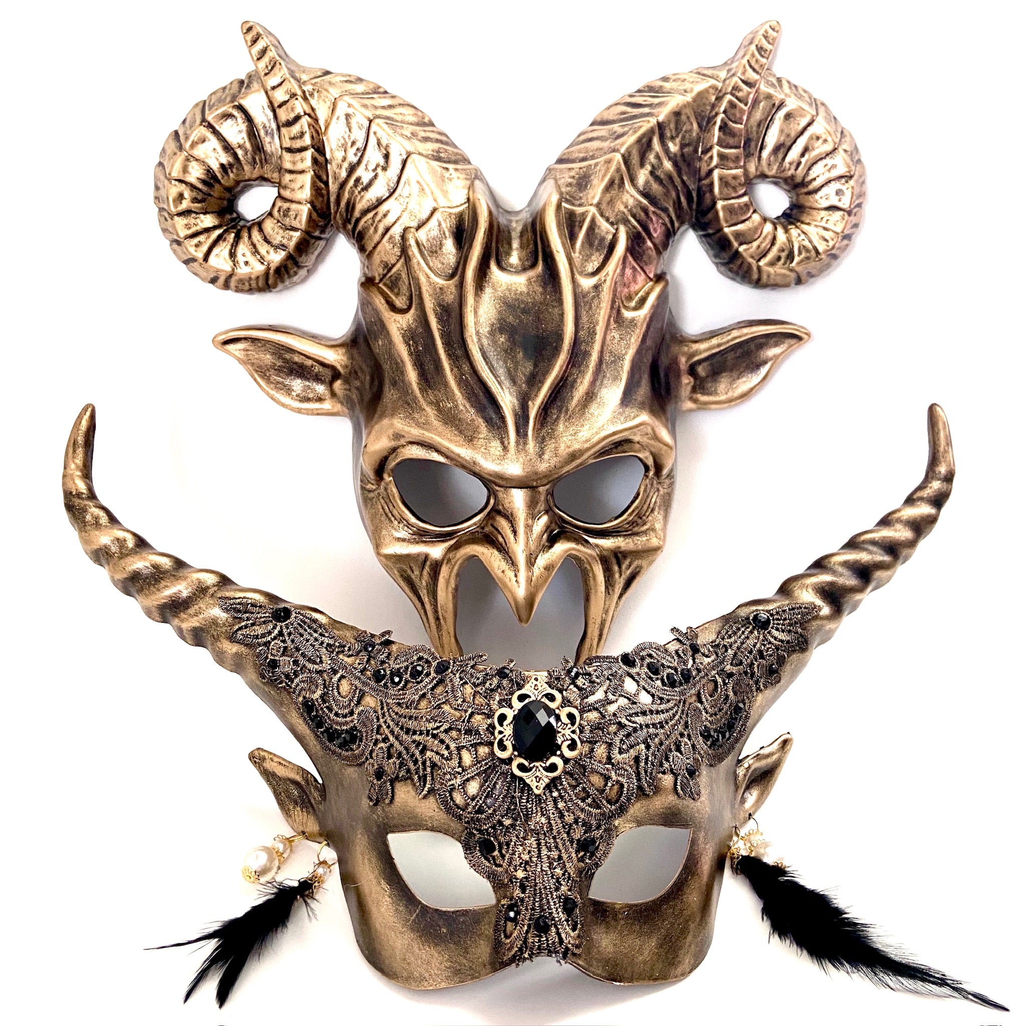 Fantasy gold horn masquerade mask set for men and women.