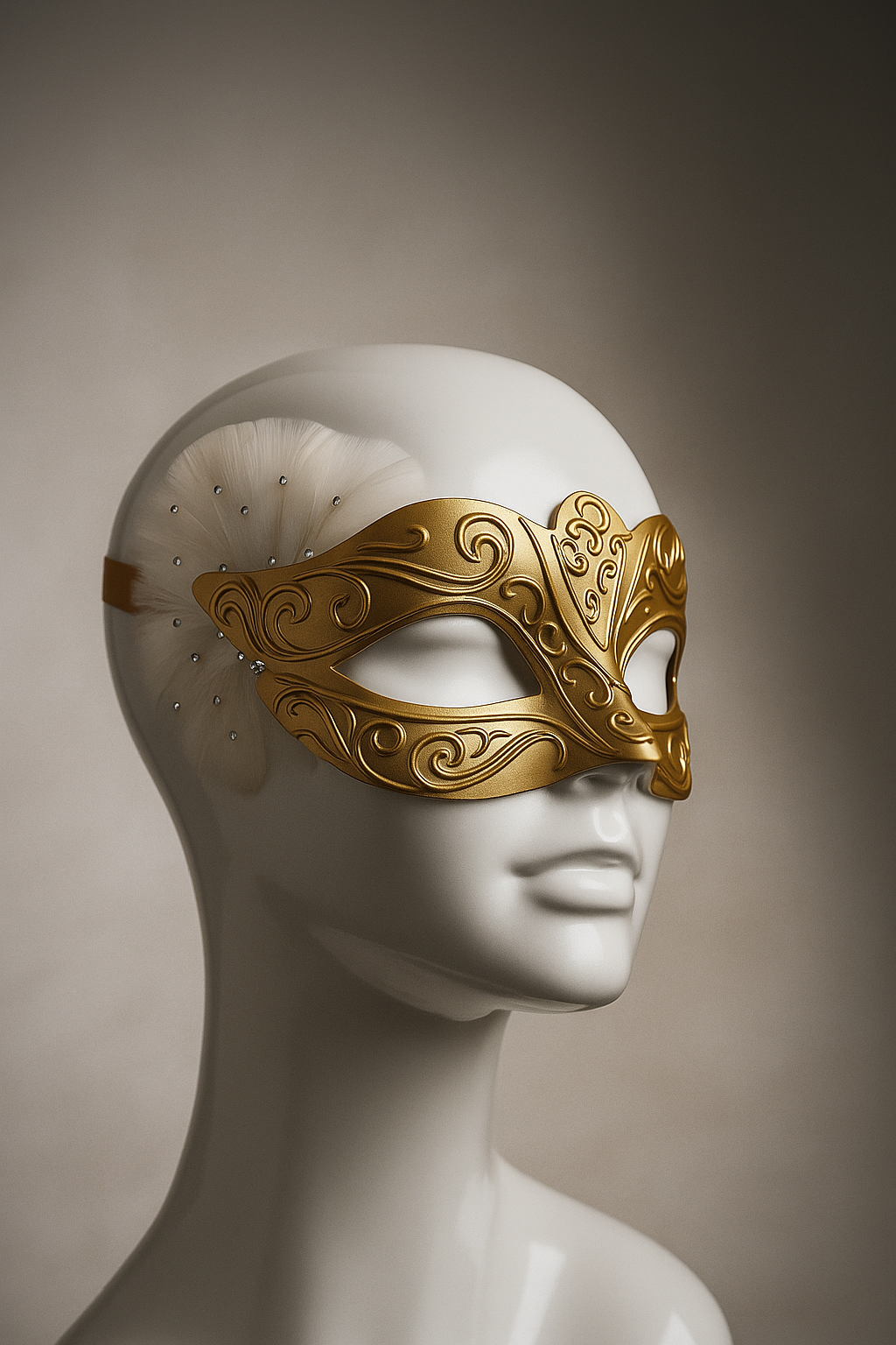 Elegant gold and white feather masquerade mask with rhinestones, perfect for weddings, Venetian carnivals, and prom events.