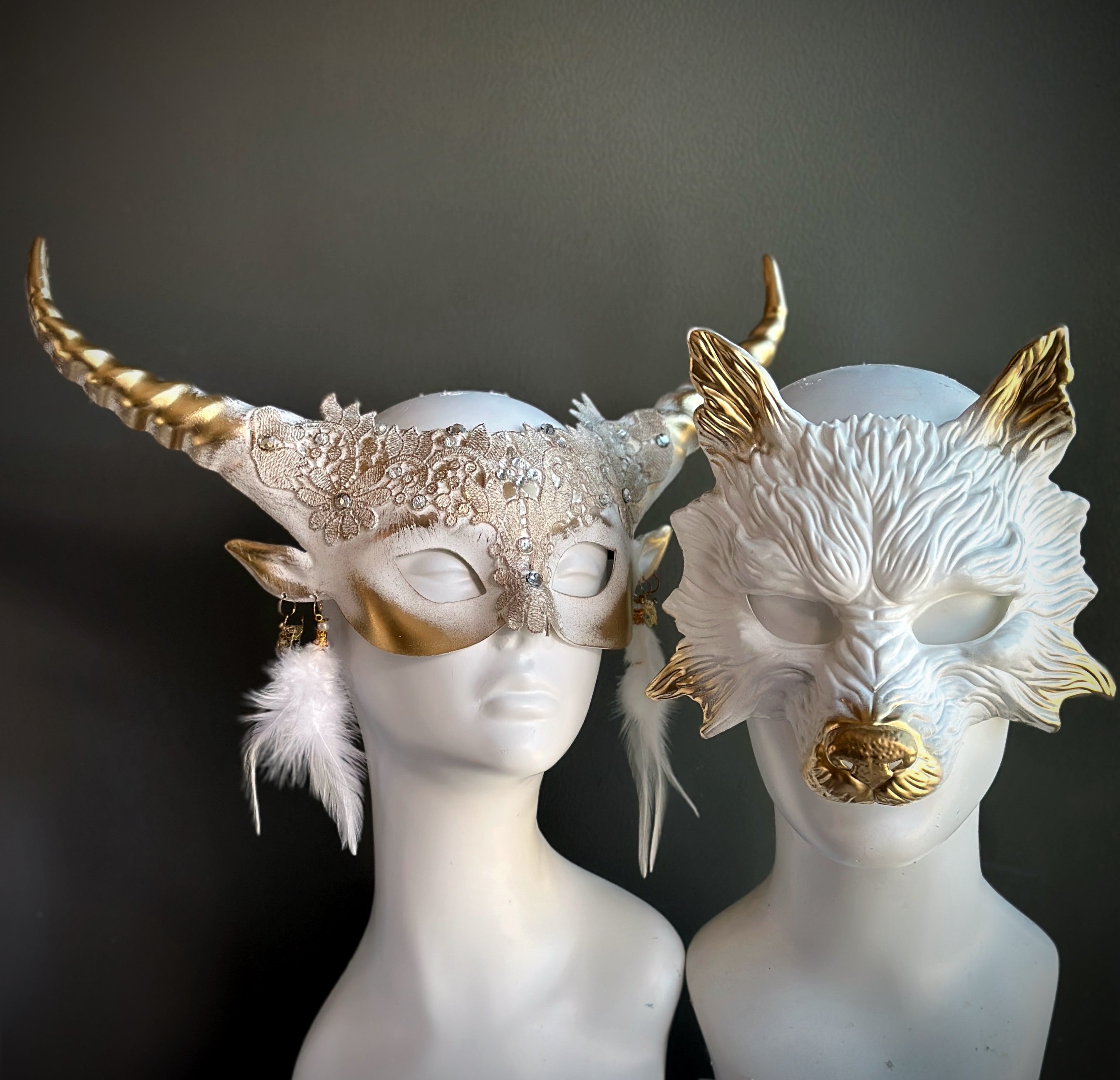 White and gold couples masquerade mask set with antler horn and wolf design