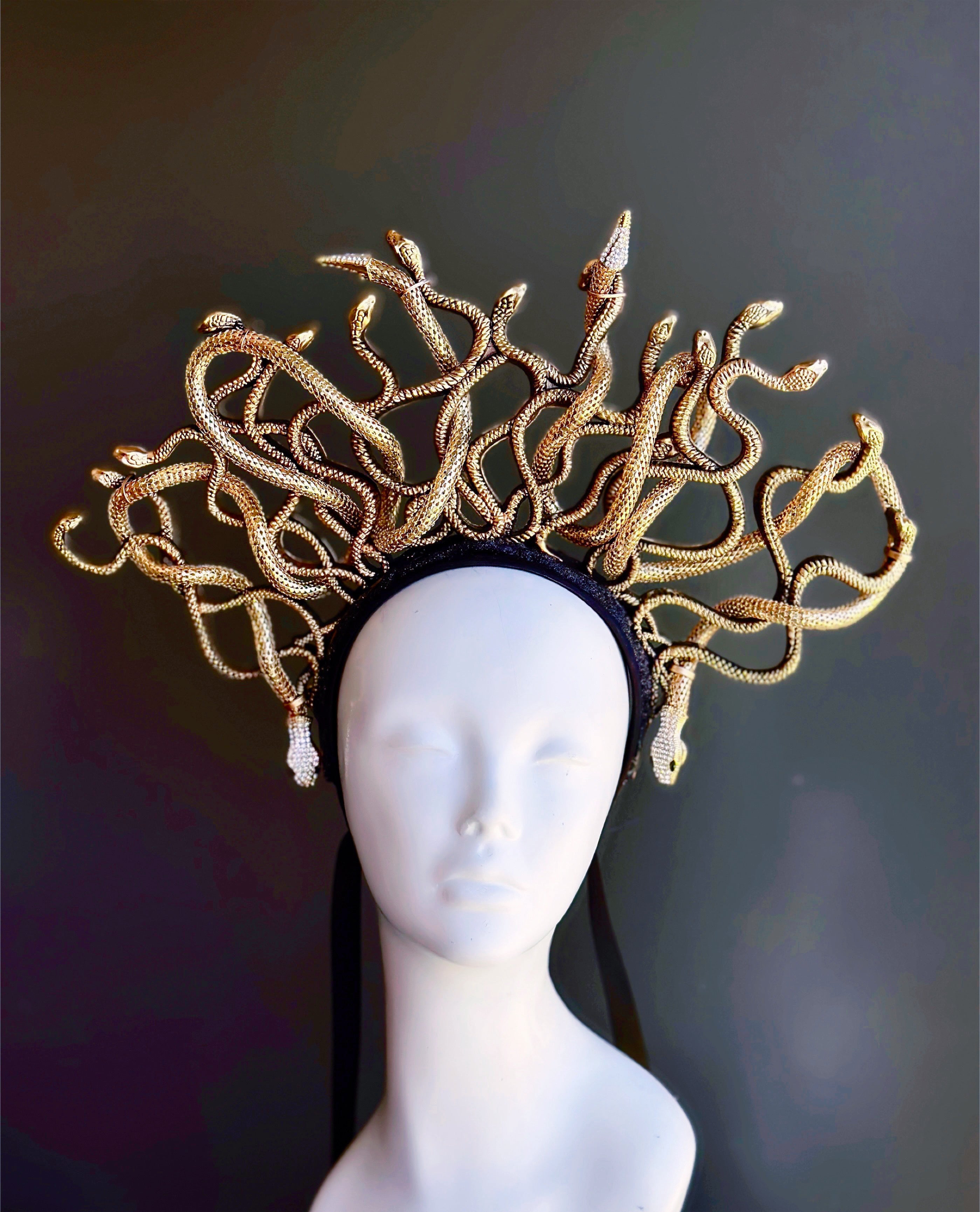Golden Medusa Gorgon snake crown masquerade headpiece for fantasy events and performances