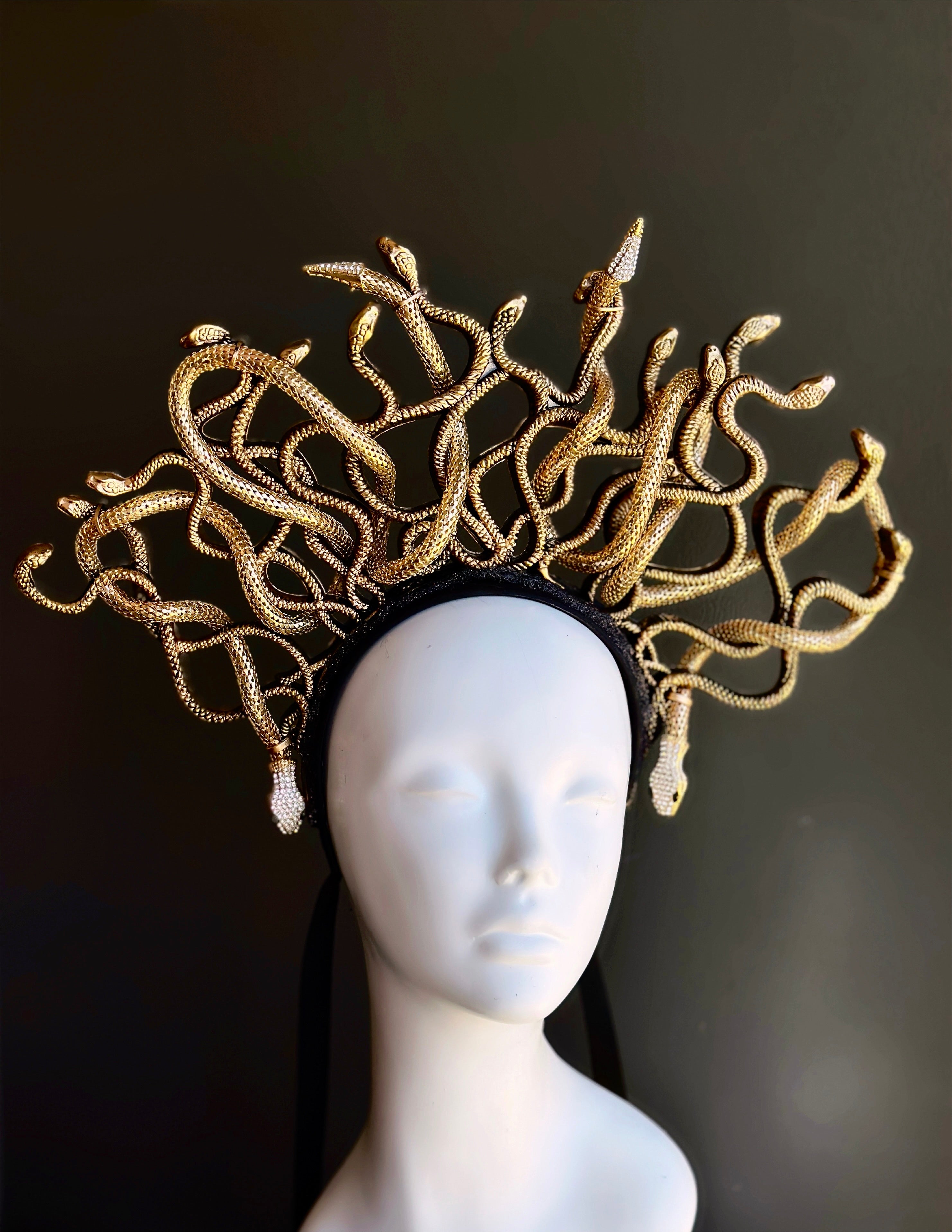 Golden Gorgon headpiece styled as Medusa’s snake crown for legendary Greek costume looks