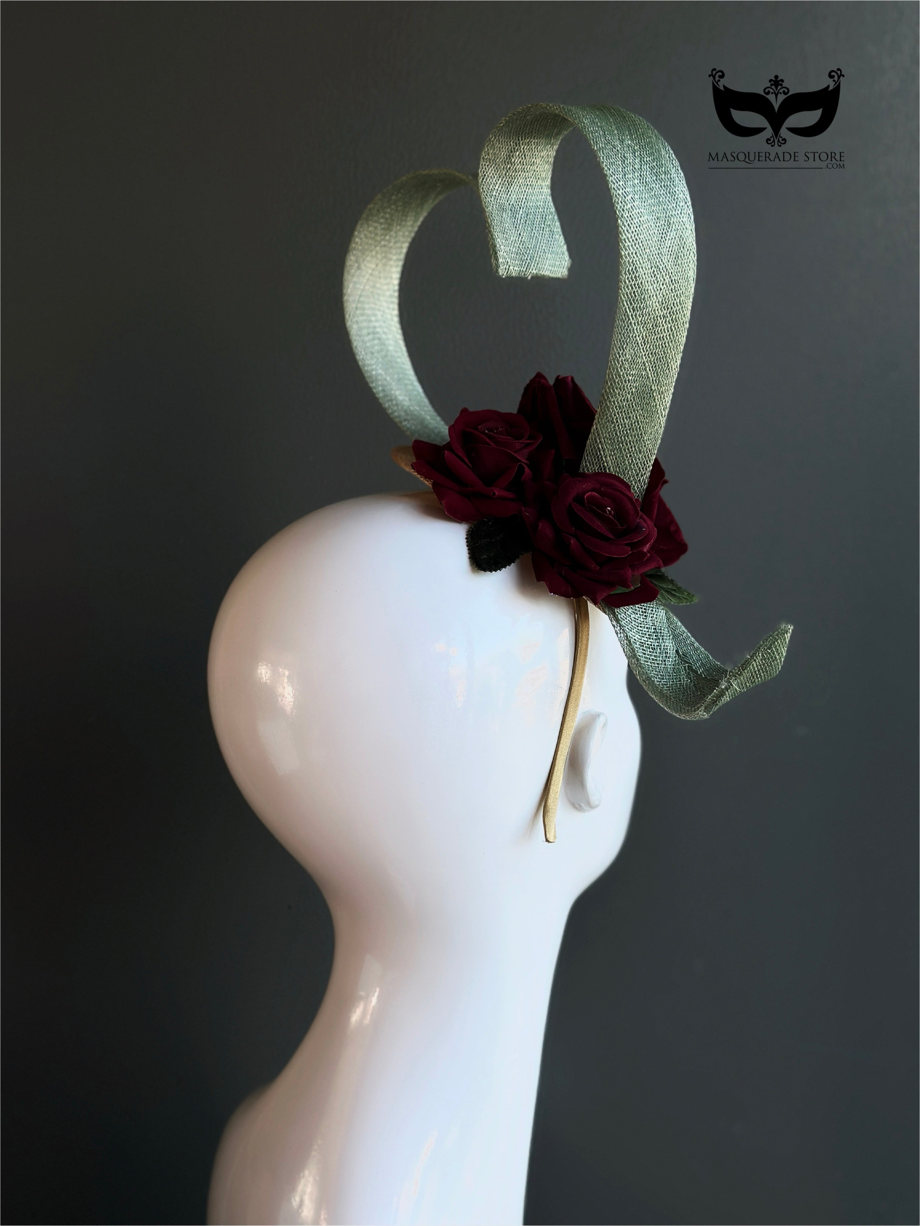 Heart shaped headpiece with burgundy rose accent
