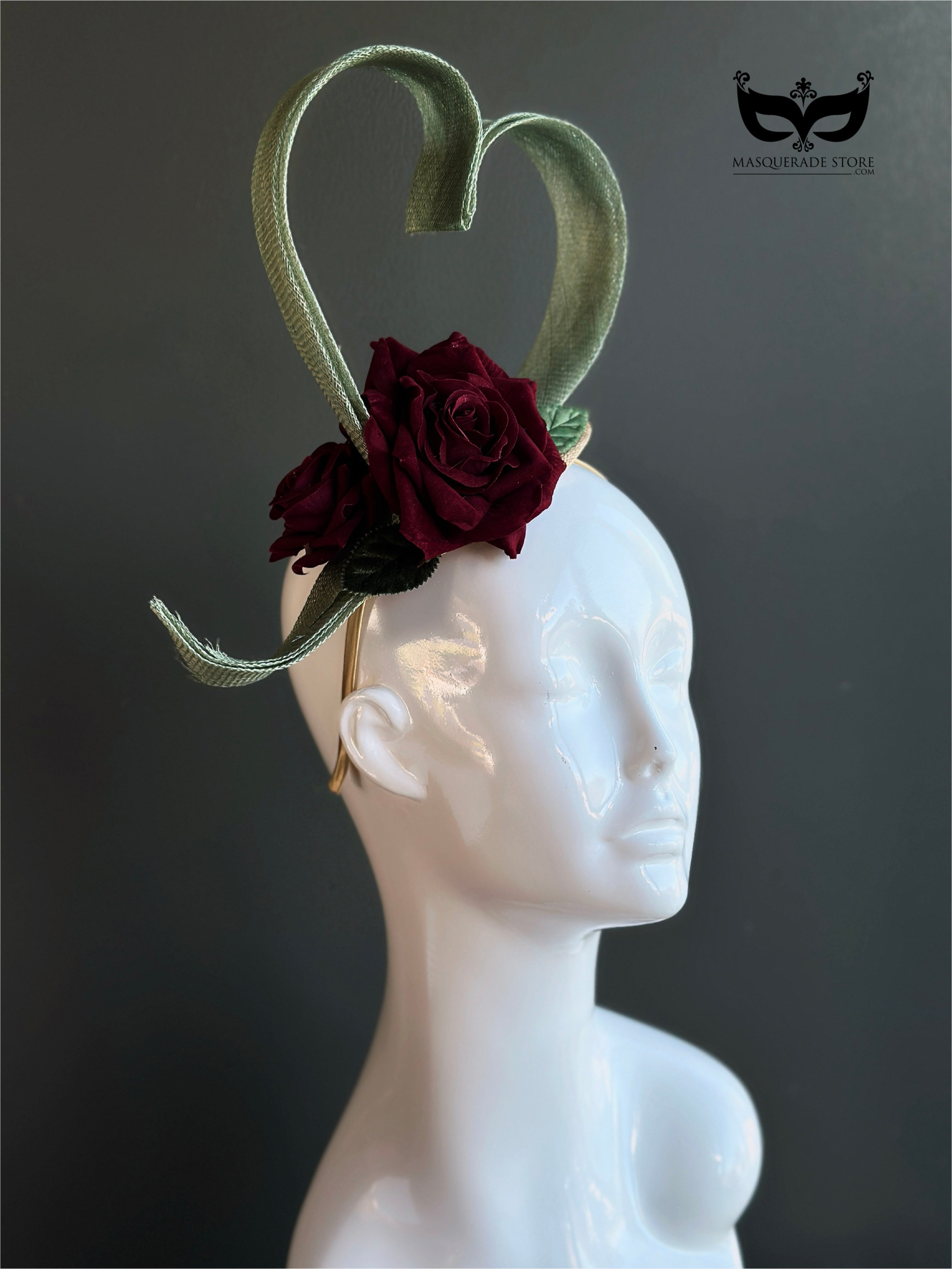 Heart shaped headpiece with burgundy rose accent