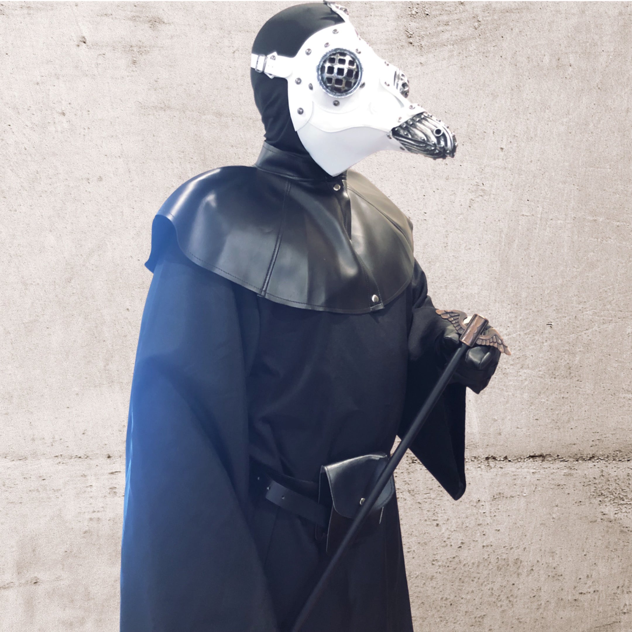 Complete grid eye plague doctor costume with customizable robe, grid eye mask, gloves, hat, staff, shoulder cape, pouch belt, and balaclava.