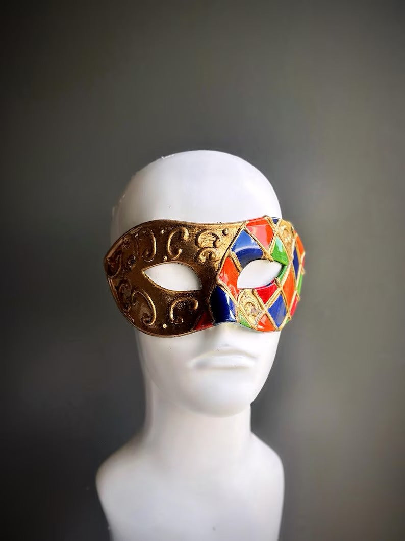 Harlequin Venetian masquerade mask with colorful diamonds and gold accents for Carnival, Mardi Gras, and masquerade balls.
