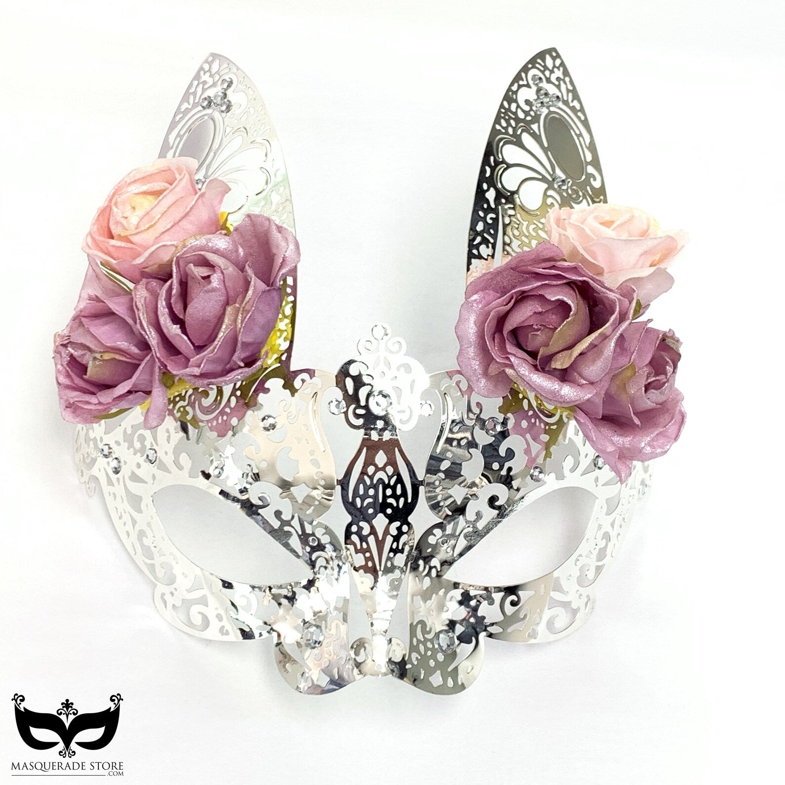 Silver Metal Bunny Mask - Pink Roses
