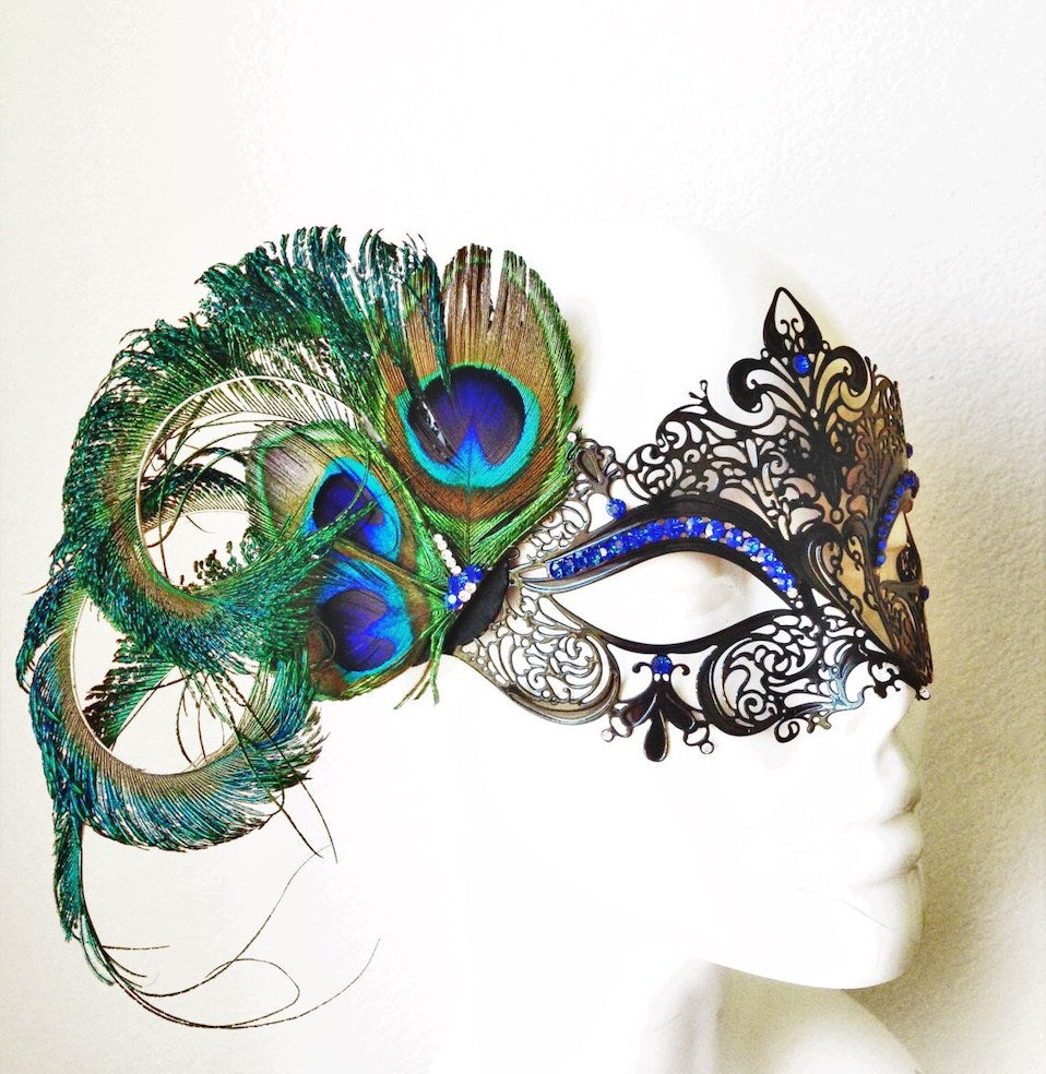 Elegant Venetian Black Metal Mask with Peacock Feathers
