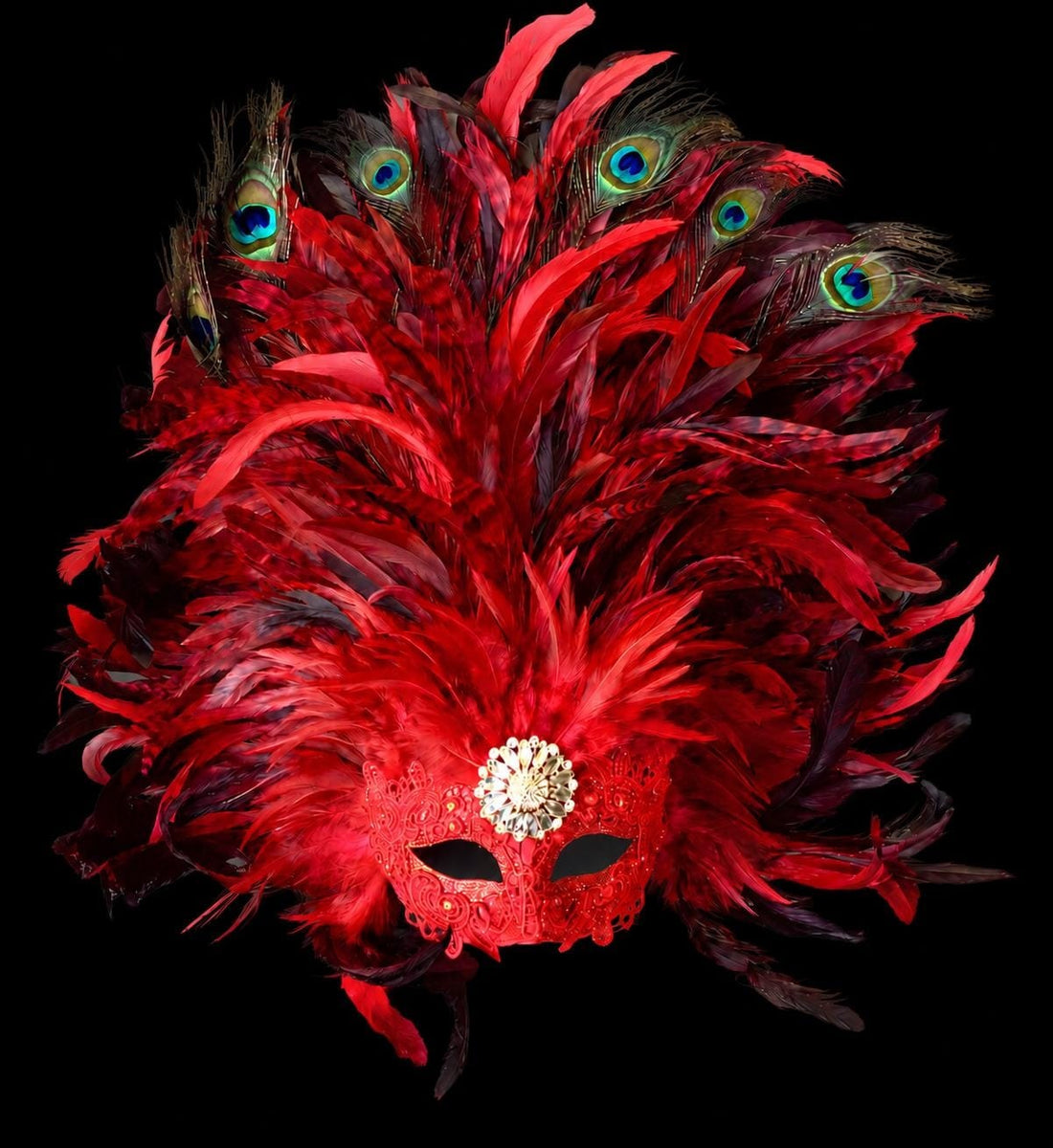 Crimson Peacock Venetian Feather Mask