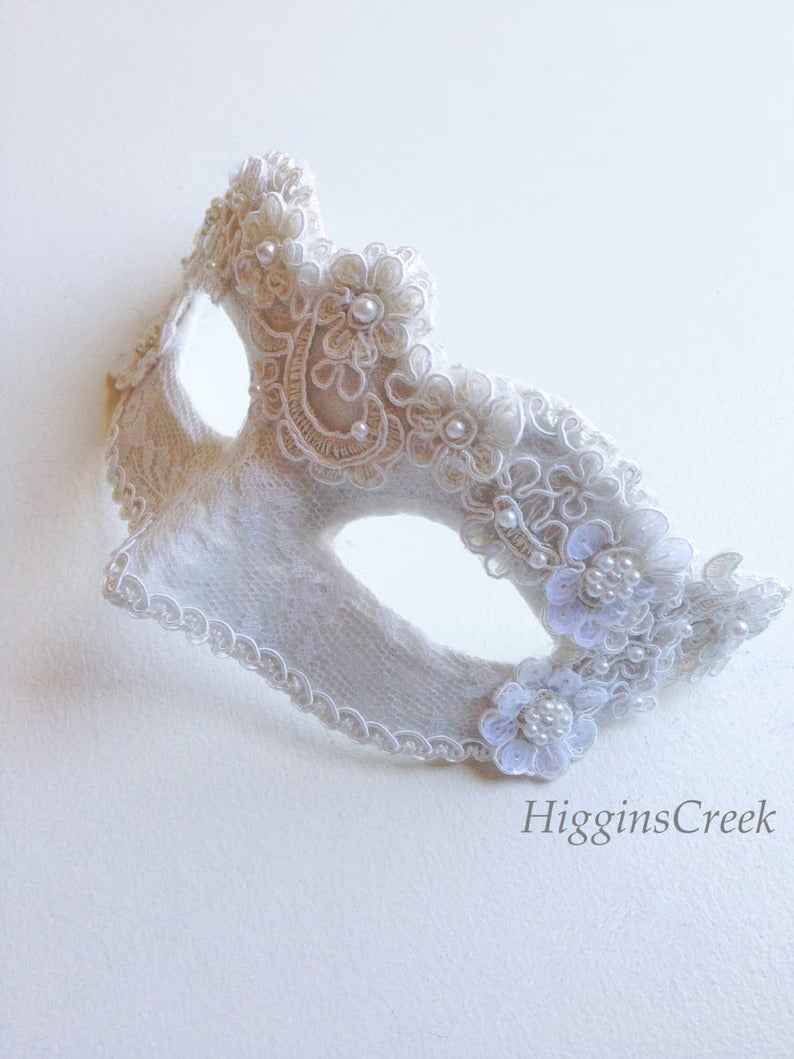 Ivory Grace bridal lace masquerade mask with pearls and satin ribbon, perfect for weddings, proms, or masquerade ball.