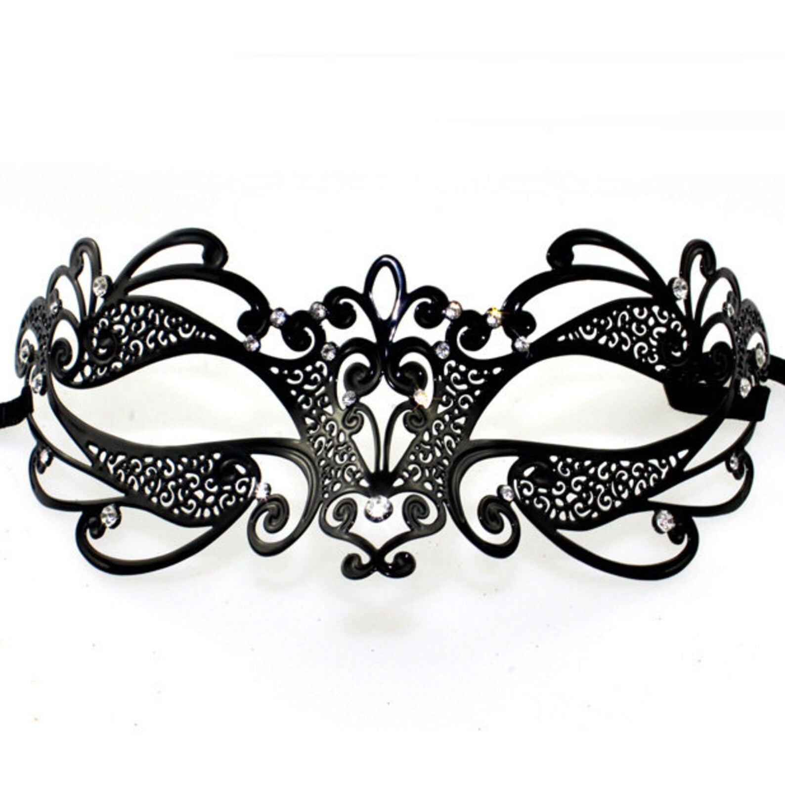 Kids black metal masquerade mask with intricate cutout designs and rhinestone embellishments, perfect for costume parties and themed events.