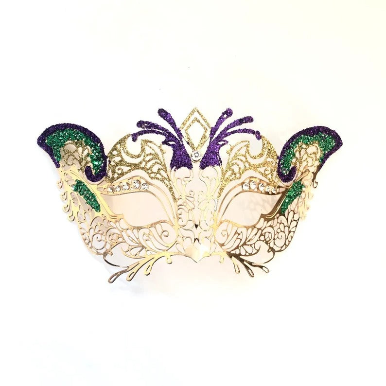 Child-sized Mardi Gras masquerade mask with gold filigree and glitter accents.