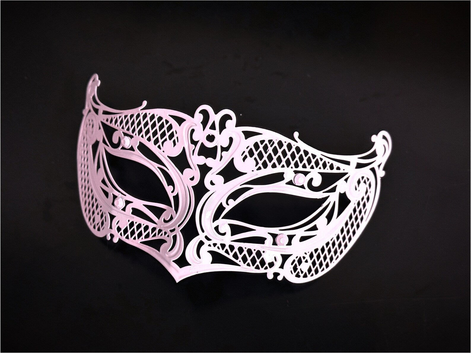 Kids pink metal masquerade mask with intricate cutout details, perfect for costume parties or themed events.