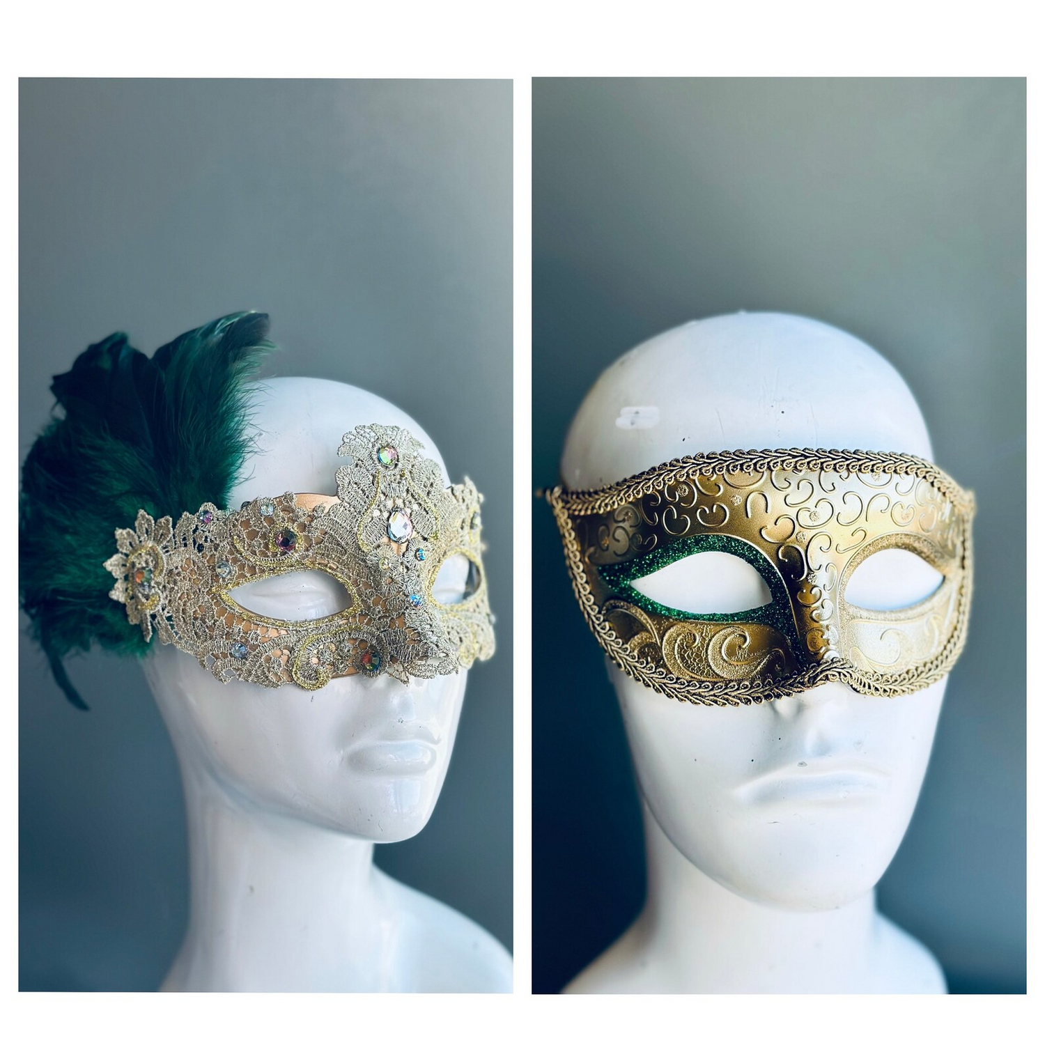 Luxury couples masquerade mask set with jeweled lace women’s mask with emerald feathers and gold filigree men’s mask.