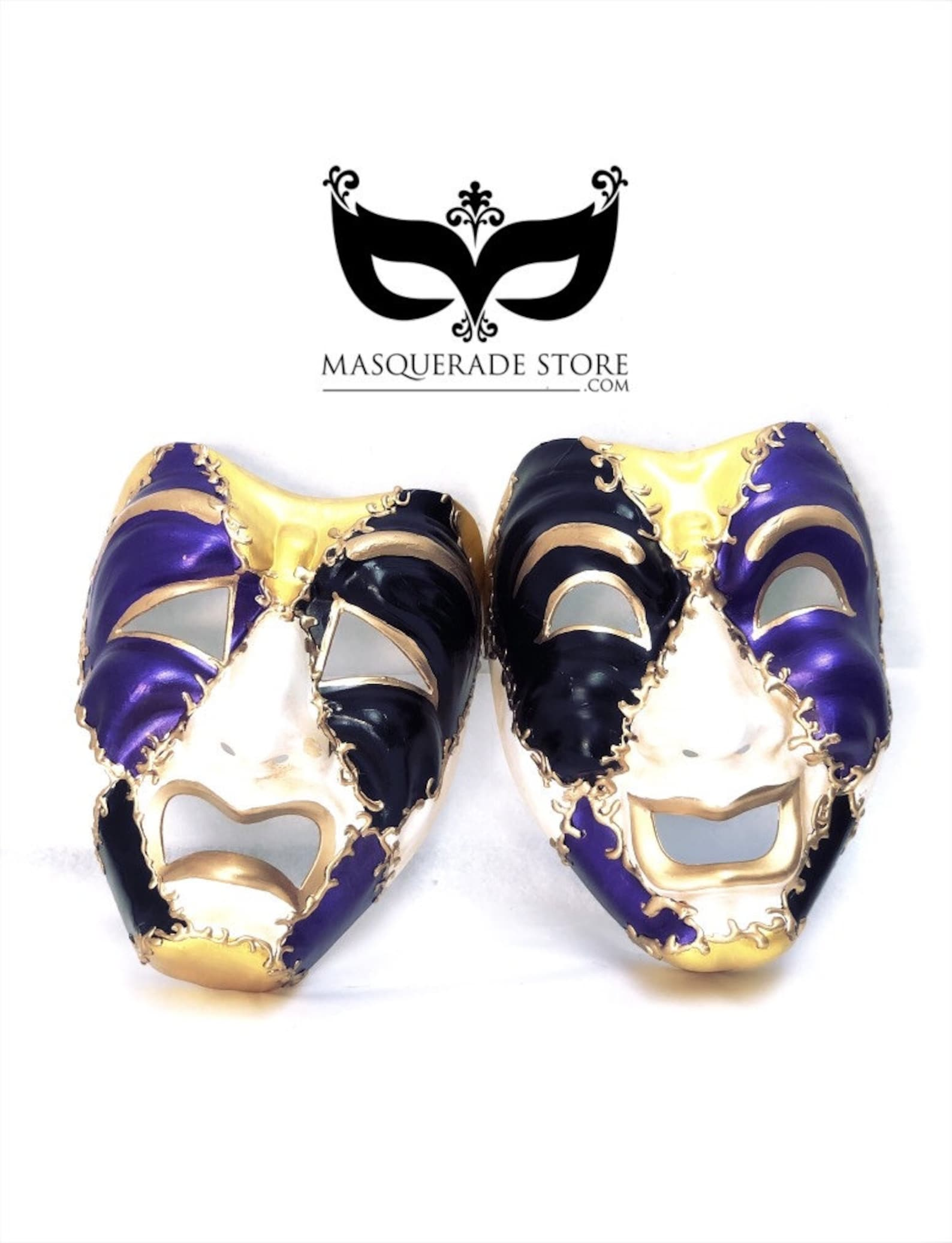 Mardi Gras harlequin comedy and tragedy masquerade masks in purple, black, gold, and white with carnival theater design.