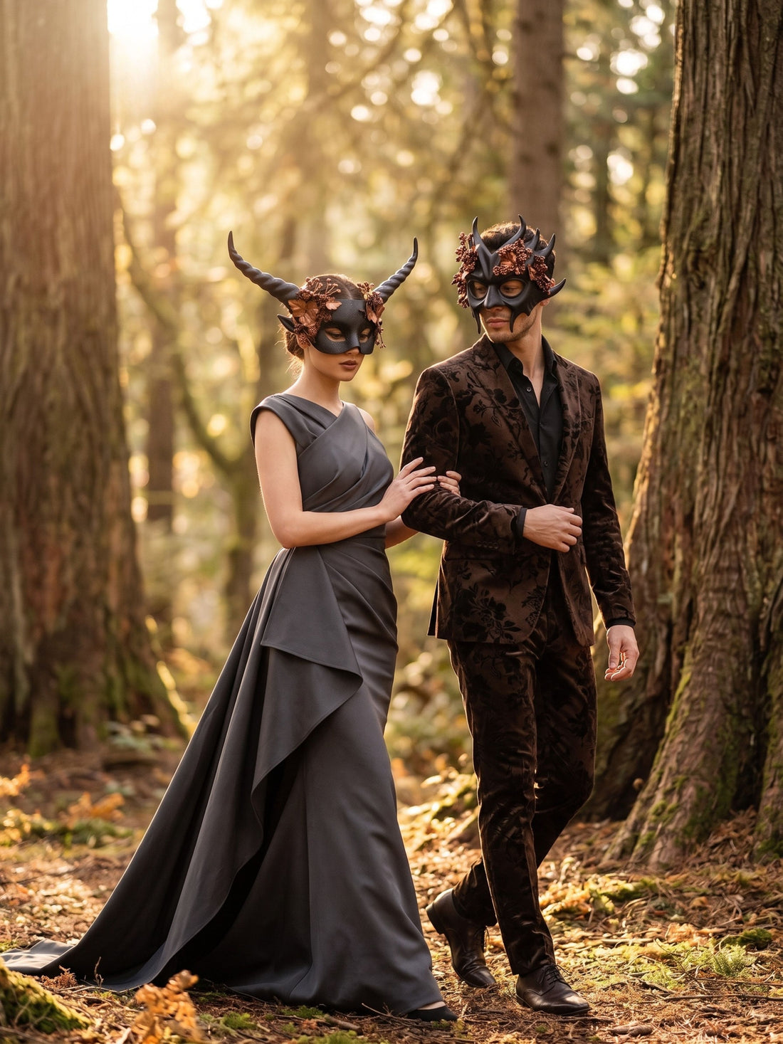Couple horned masquerade masks with floral accents for Halloween or fantasy costume event.