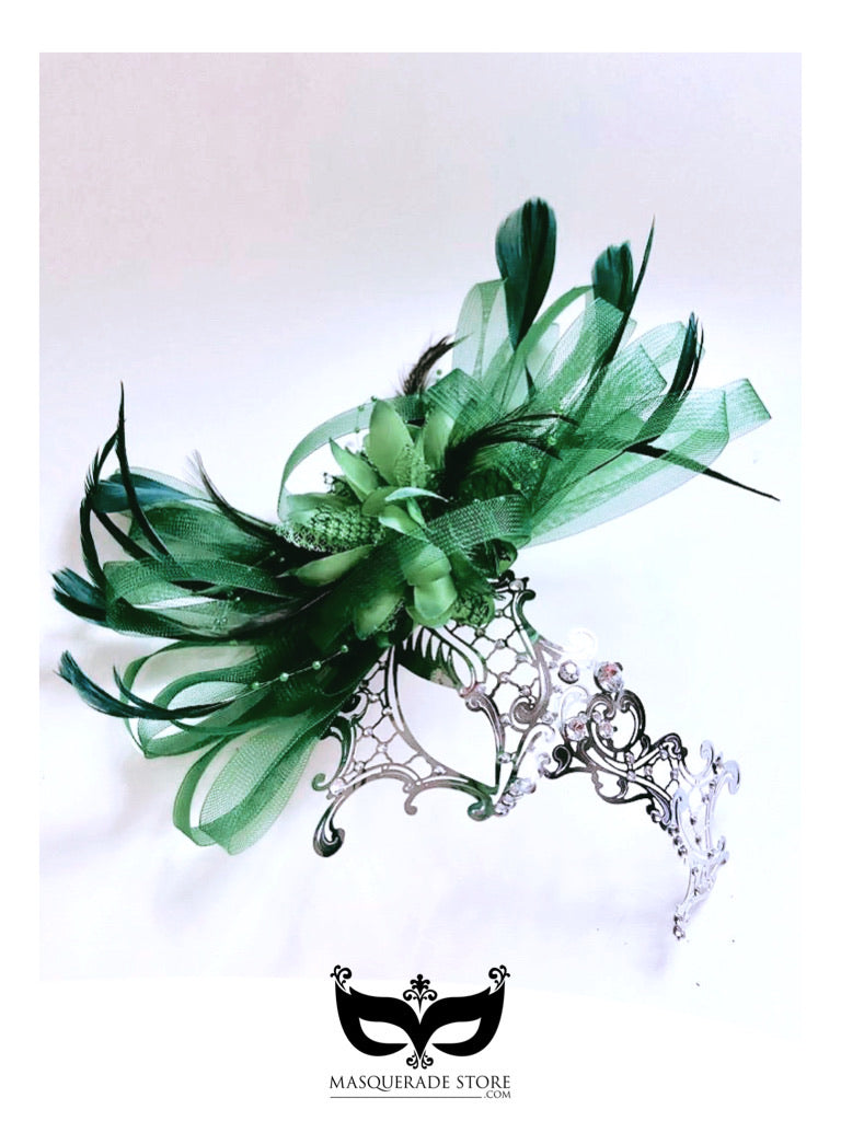 Emerald Whisper Filigree Masquerade Mask in green and silver with feather accents