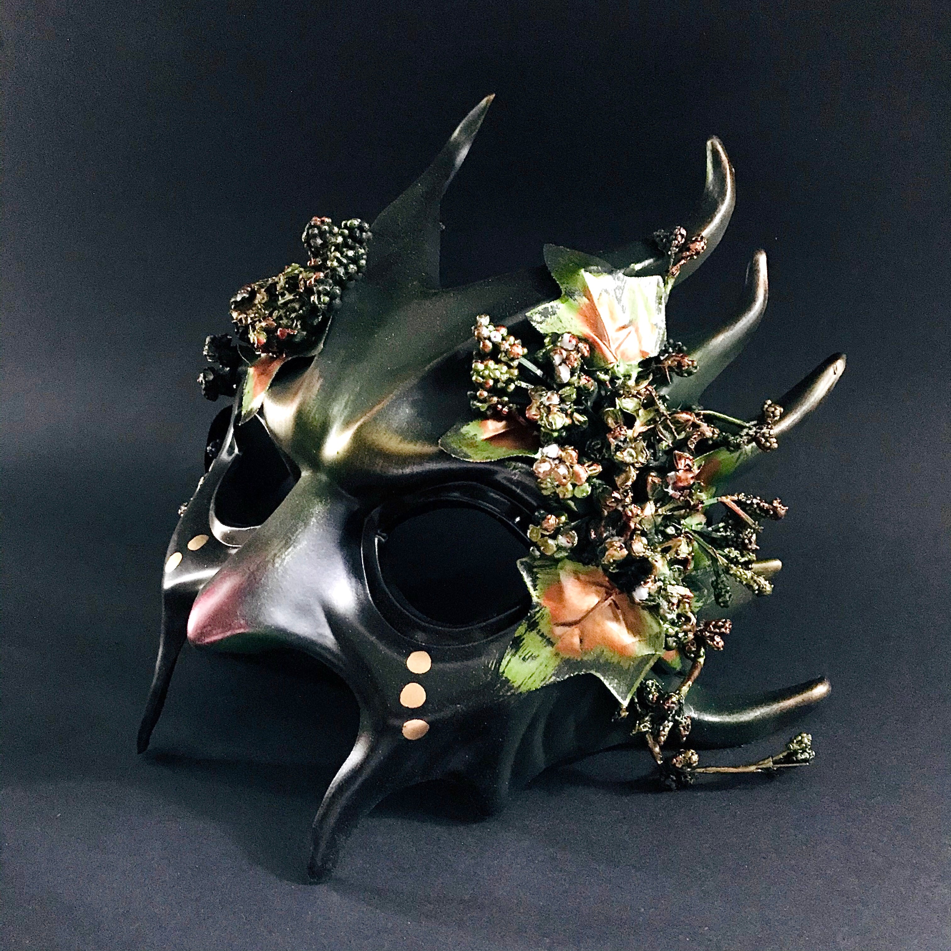 Forest Green Goblin masquerade mask with detailed horns and greenery