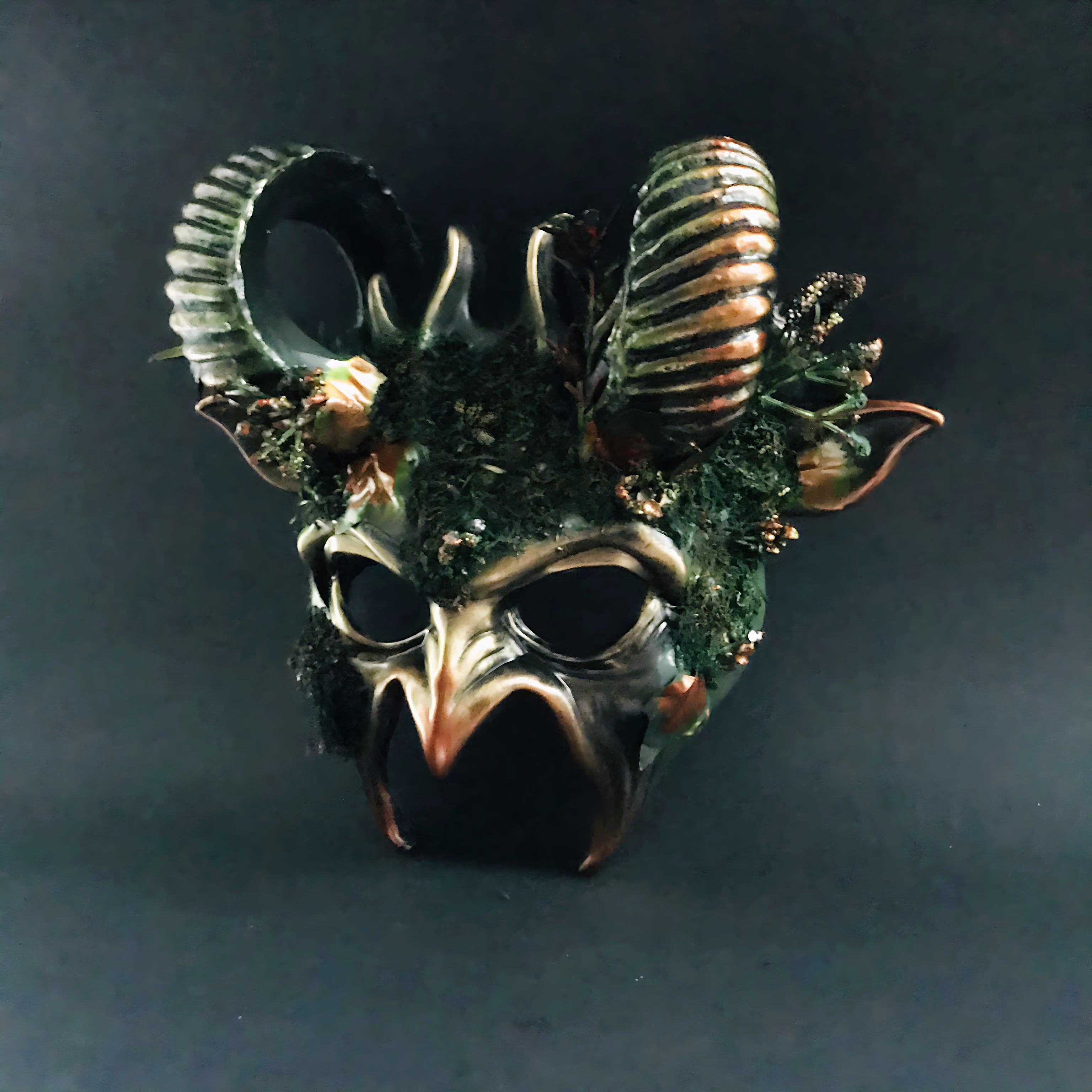 Forest Green Mythical Beast masquerade mask with natural elements