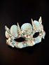 Mens masquerade mask in gold turquoise with seashells and pearls.