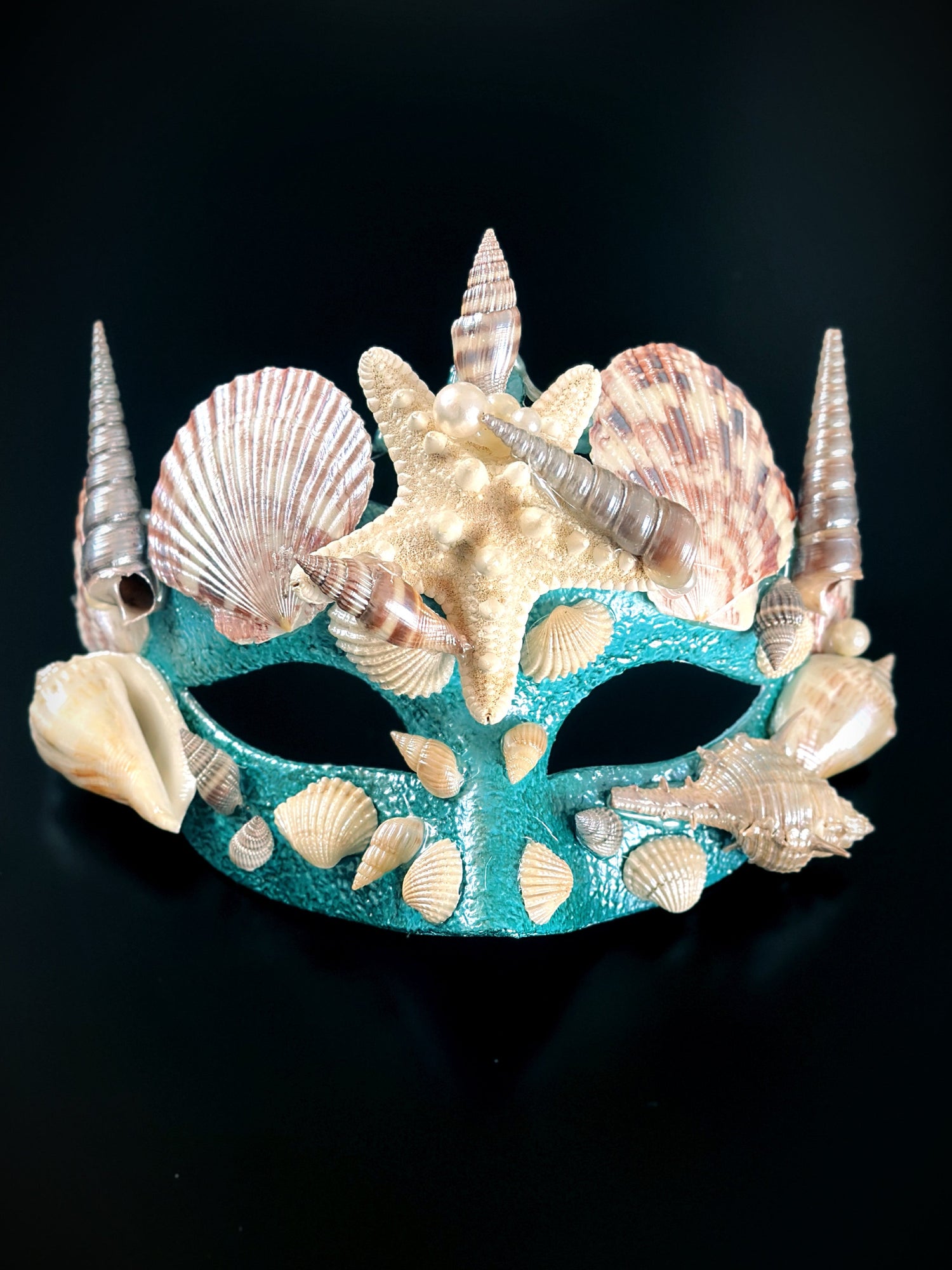 Mens masquerade mask in turquoise with sea shells and pearls