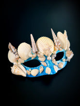 Blue masquerade mask with sea shells, starfish, and pearls