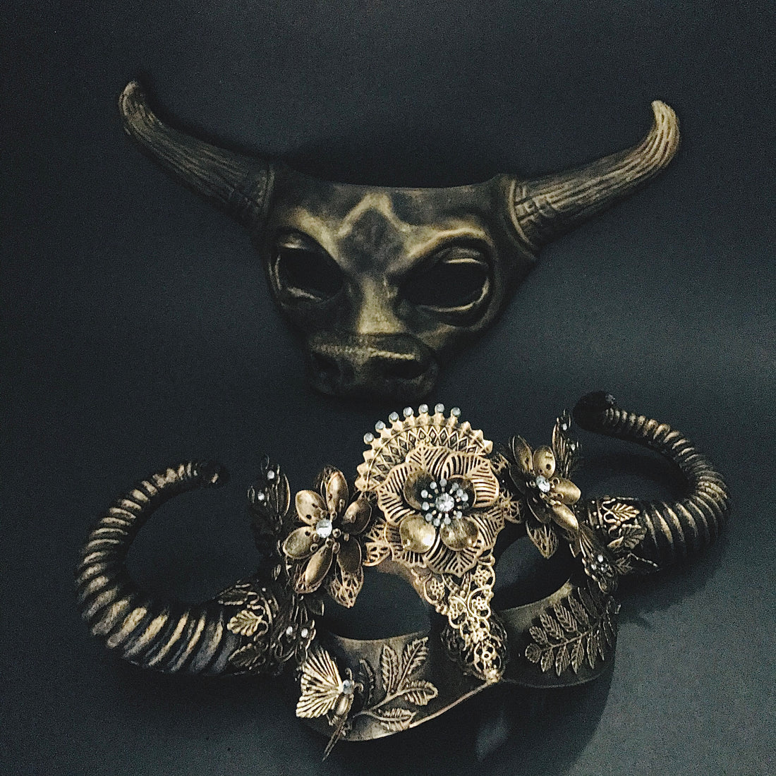 Metallic Gold Minotaur and Nymph Masquerade Mask Couple