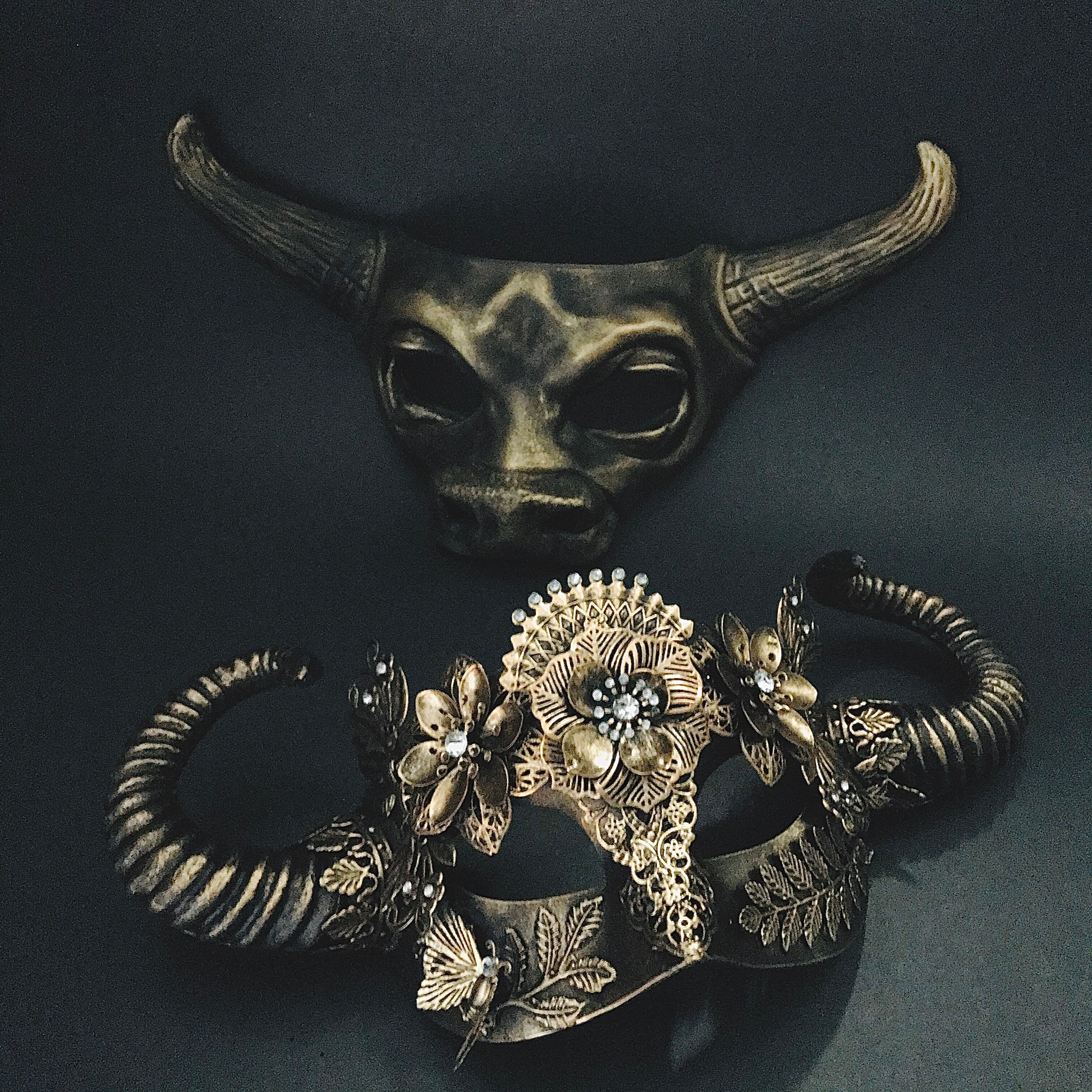 Metallic Gold Minotaur and Nymph Masquerade Mask Couple